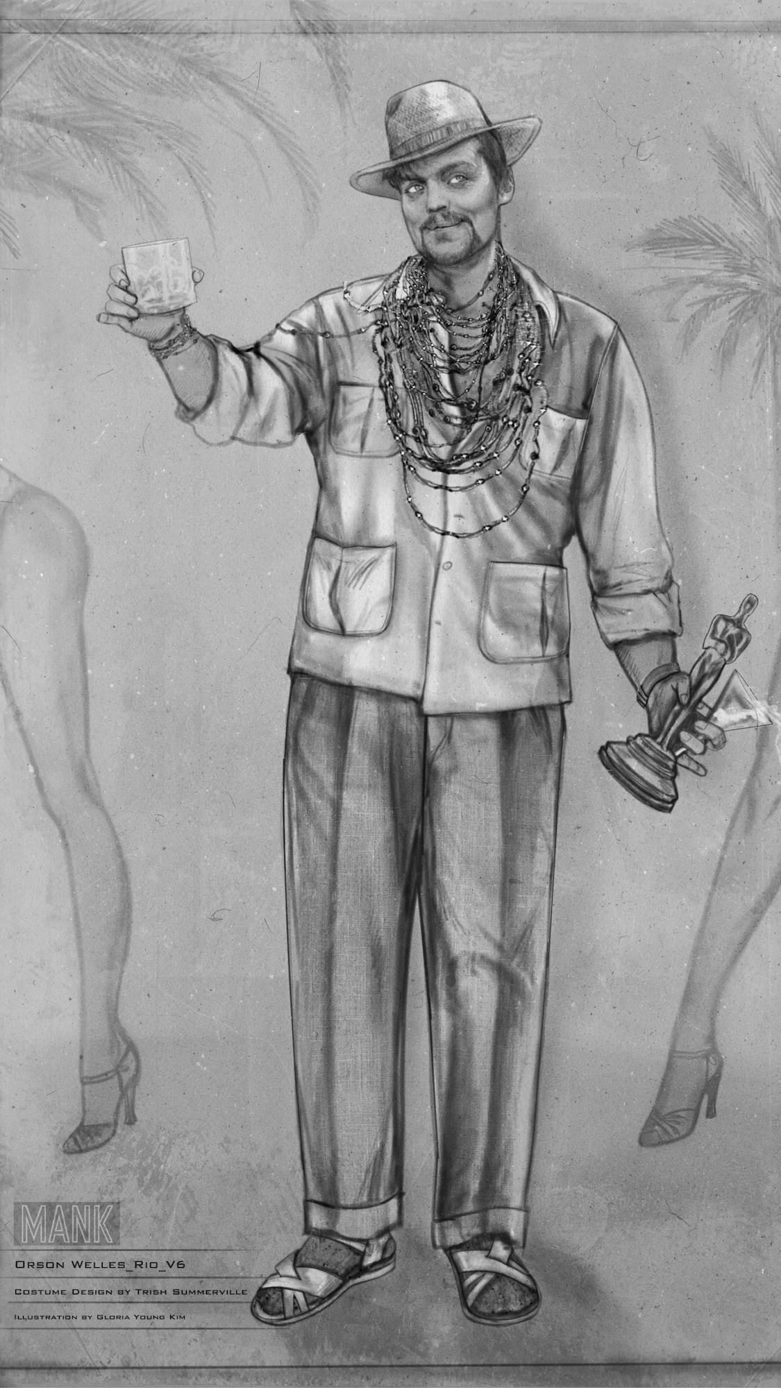 Black-and-white costume sketch of Orson Welles in Rio. He appears to be having a fine time, holding a tumbler in one hand, a martini and an Oscar in the other. Behind him are palm trees and the naked legs of some impossibly tall women. He wears sandals (with socks?!), a baggy shirt and trousers, and strings and strings of necklaces and bracelets. 