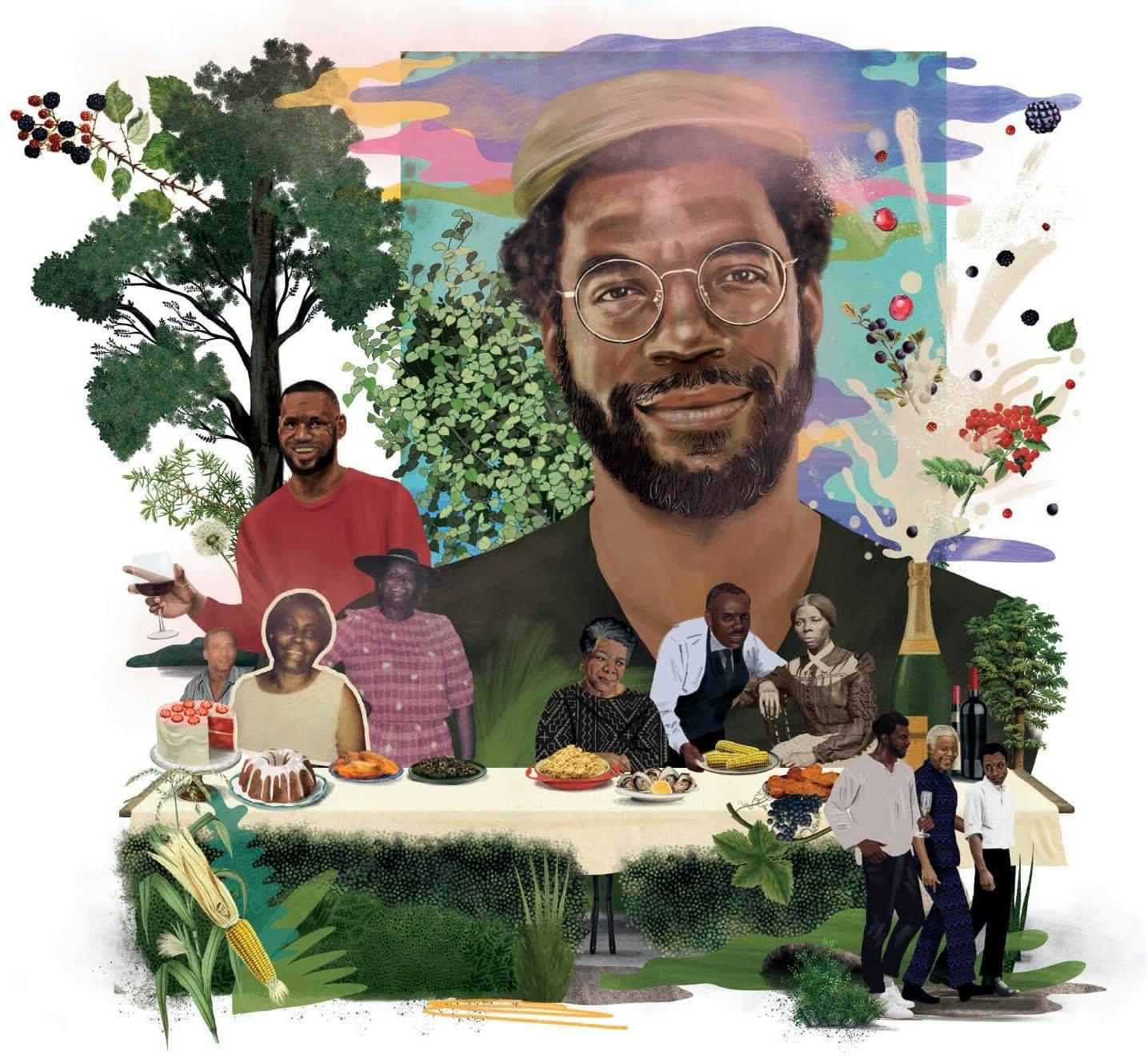 Illustration depicting Stephen Satterfield's dream last supper. A long table dressed in a cream table cloth is topped with various dishes, cakes, and bottles of wine and champagne. Around the table are depicted Stephen's parents and grandparents, alongside Maya Angelou, James Baldwin, Harriet Tubman, Nelson Mandela, and LeBron James. The setting is in a field in Atlanta, surrounded by trees and crops growing.