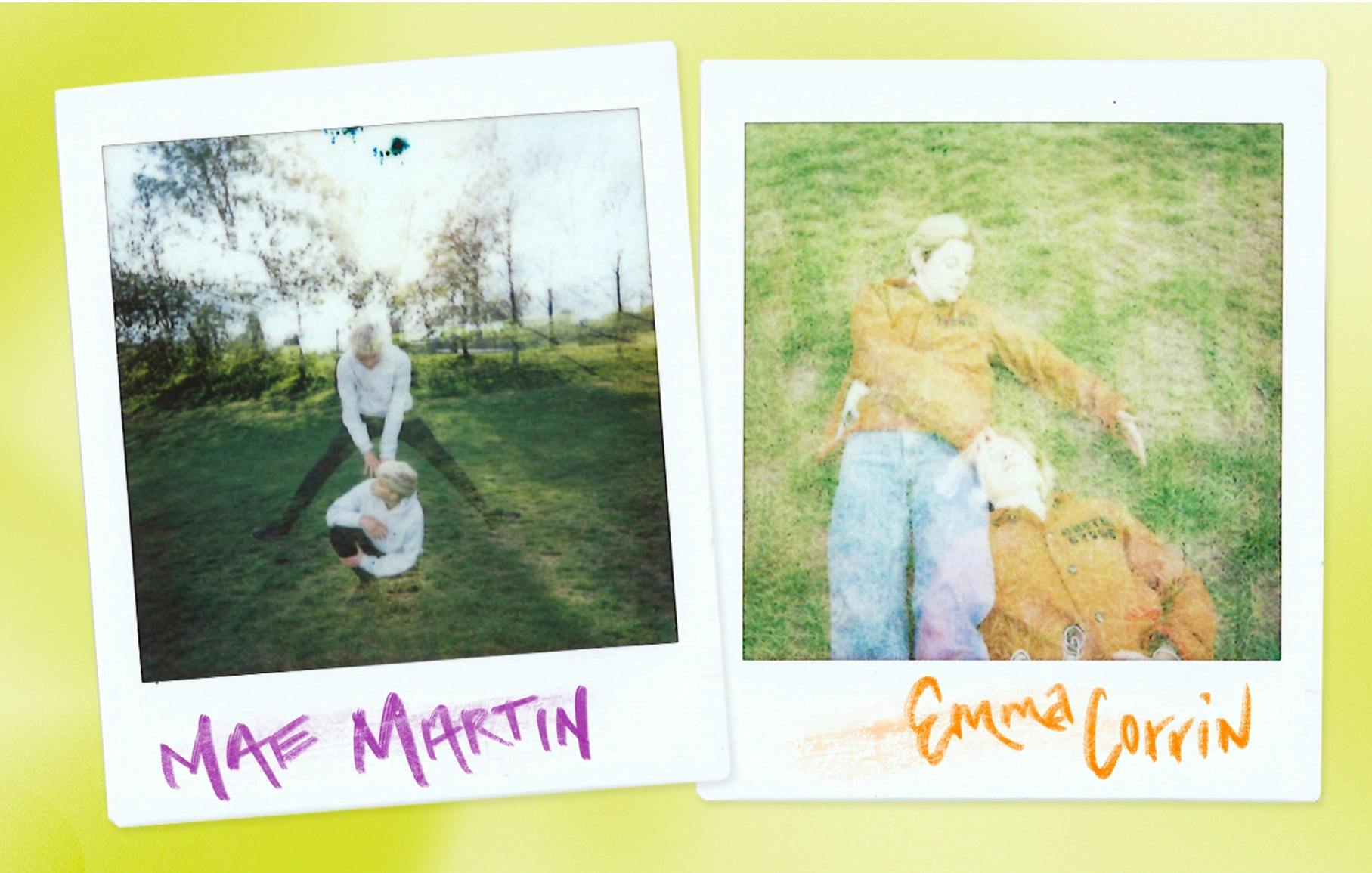 Two double exposure polaroids of Mae Martin and Emma Corrin. Mae jumps overs themself in a field. Emma lies on the ground and reaches out to herself.