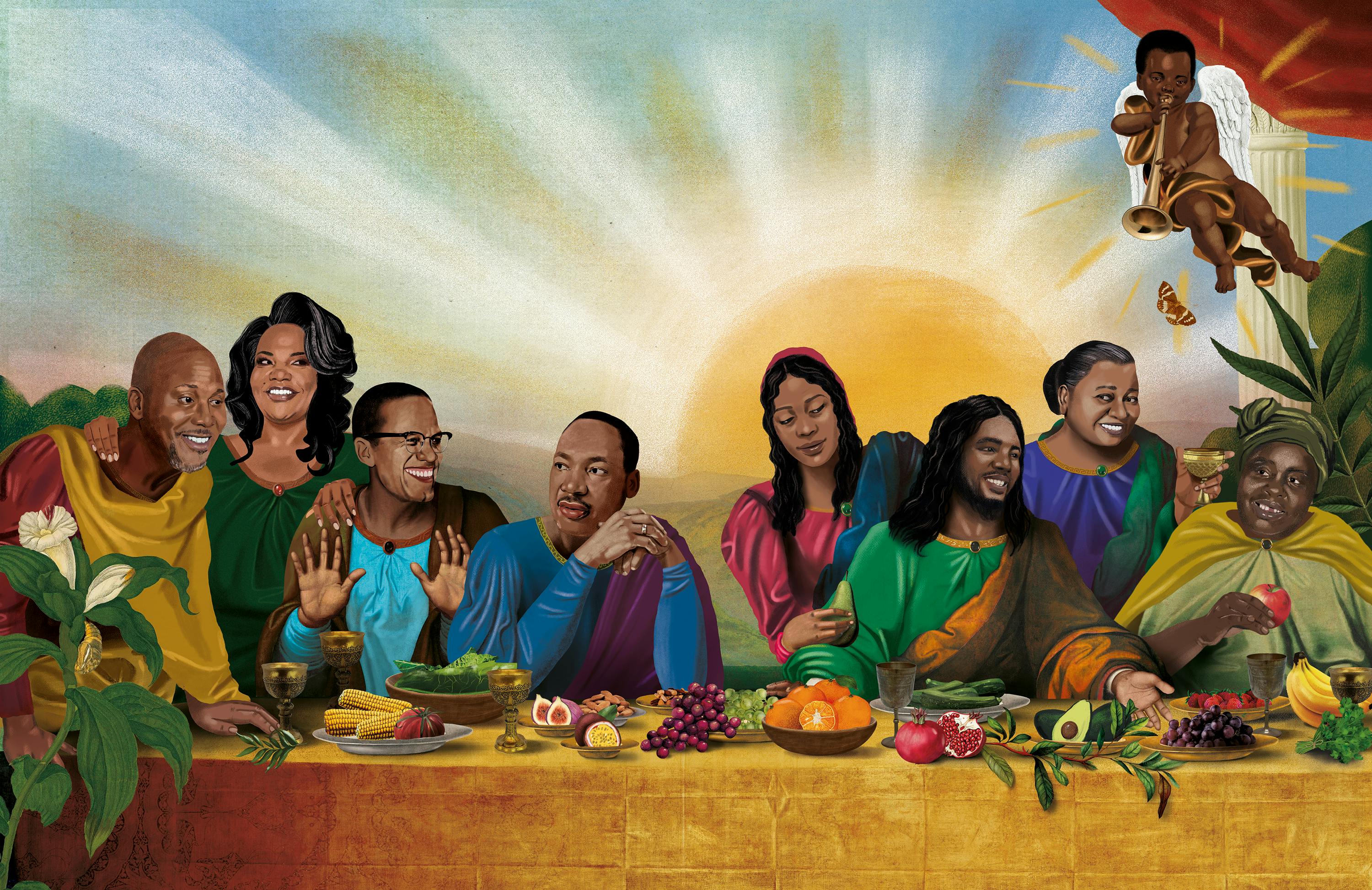 An illustrated scene of Mo’Nique’s dinner party. The table is draped with a yellow cloth and decorated with an assortment of delicious looking food. The scene is lit from behind by a huge sun. 