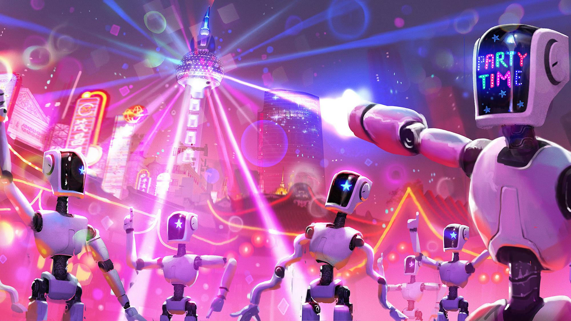 A robot dance party. A bunch of white robots with black faces dance around lit by pink, orange, blue, and white lights. The robot closest's face reads "Party Time."