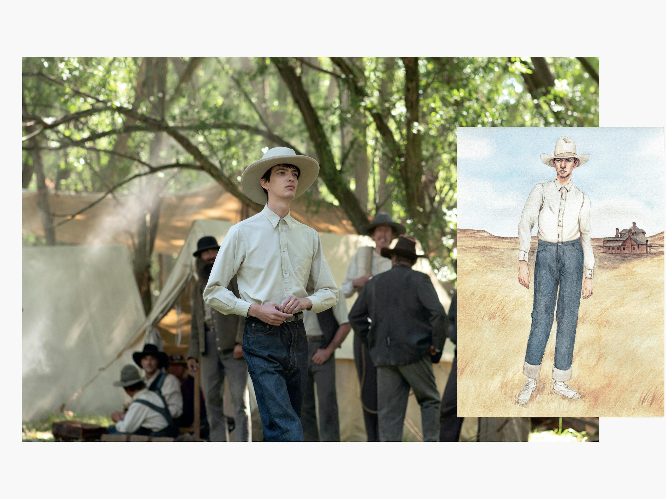 Kodi Smit-McPhee wears a white shirt, grey slacks, and a white hat. He stands amidst other ranchers in a sunlit-dappled tent scene. To the right is a sketch of Kodi in the same outfit.