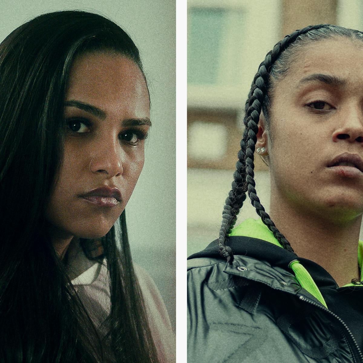 Saffron Hocking and Jasmine Jobson in a diptych. Hocking wears a dark top and Jobson wears a slippery-looking jacket with neon trimming. 
