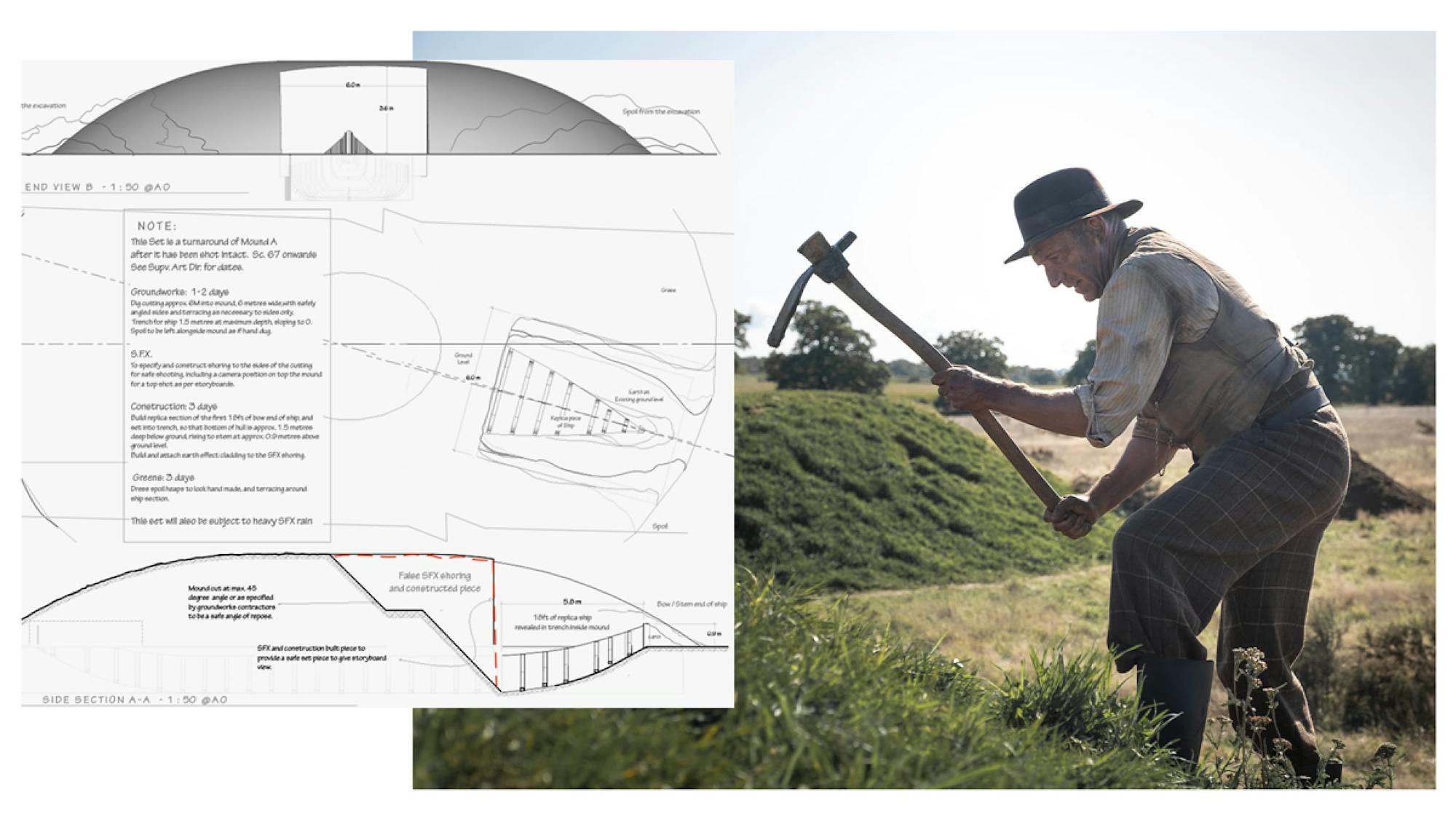 Basil Brown takes a pickaxe to one of the ancient burial mounds in a still from the film. A production sketch shows a map of the digsite.