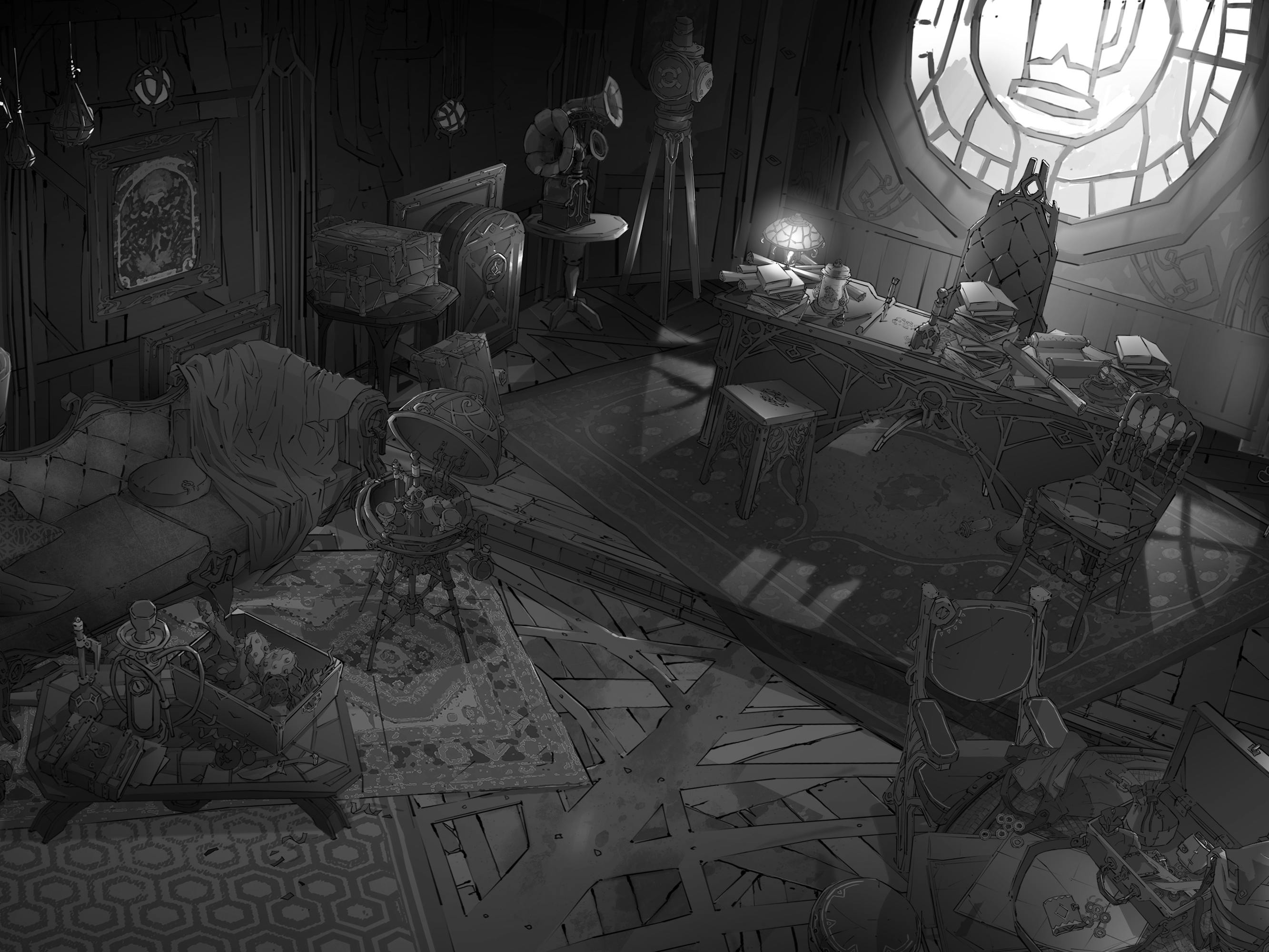 A cozy den/office, lit by a circular window and a fireplace.