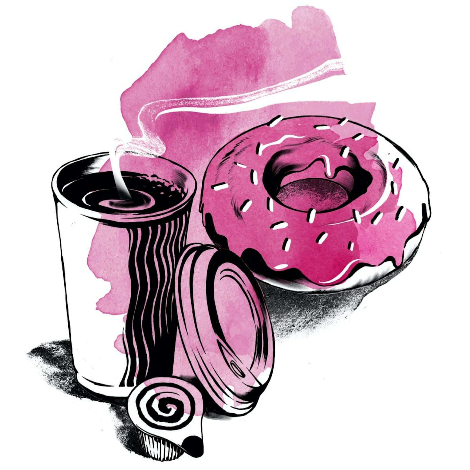 A watercolor illustration of some of Ariana’s favorite items from craft services: a steaming coffee cup and a donut with sprinkles. Shout-out to crafty!