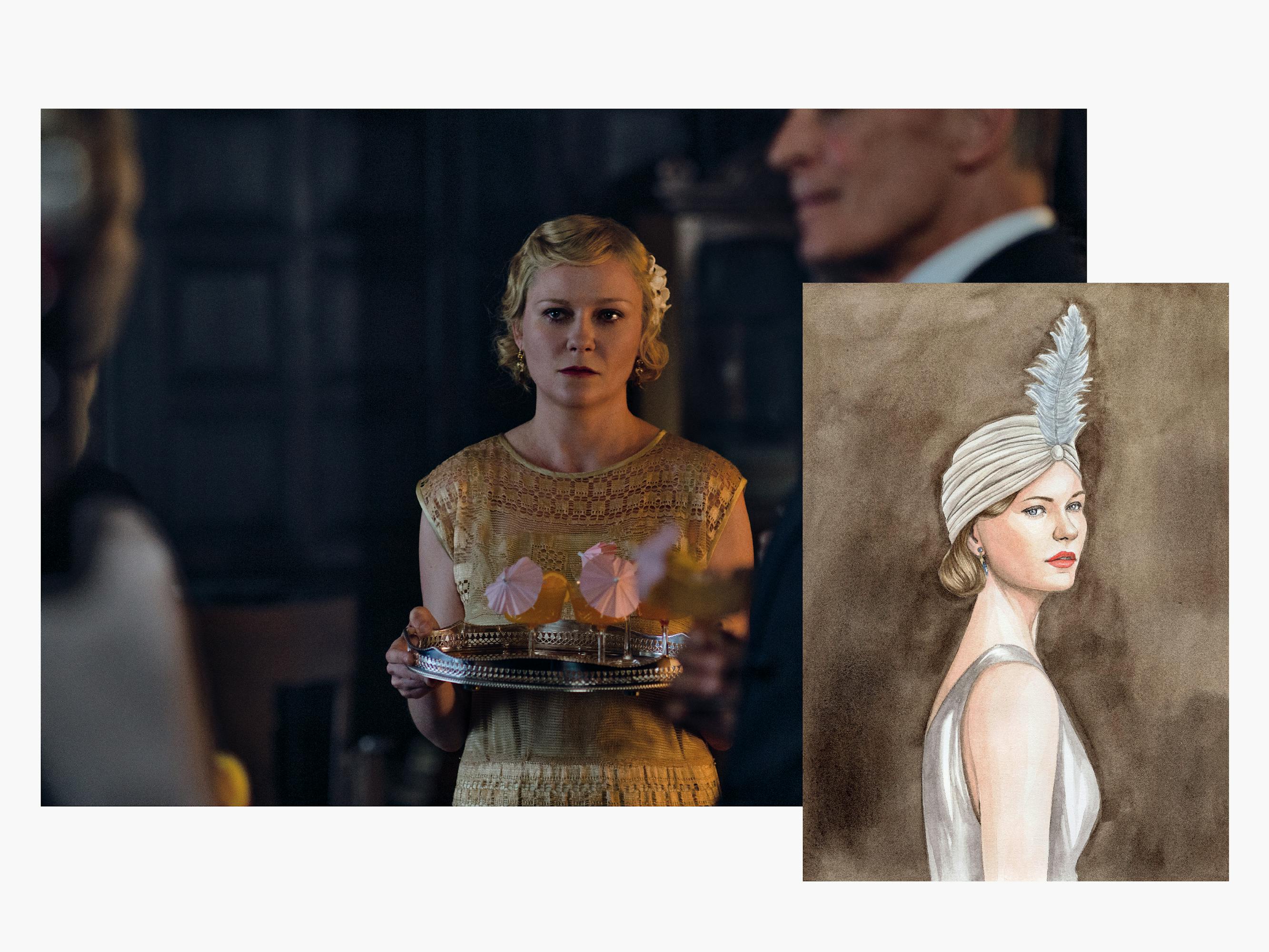 Kirsten Dunst wears a gold dress and holds a tray with drinks that have pink parasols. To the right is a small sketch of the same outfit.