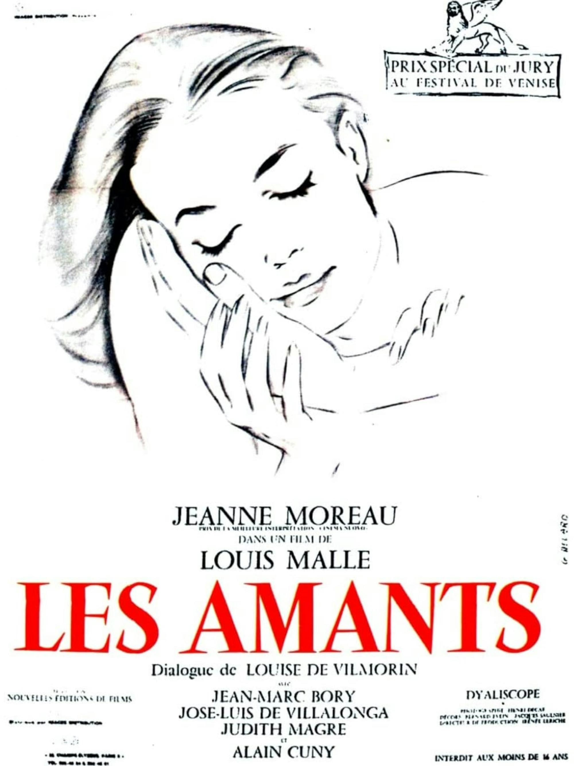 The key art for the movie, Les Amants, which stars Jeanne Moreau and Louis Malle. The poster is white, with a dainty black outline of a woman resting her head in a hand. In the top right corner is a Prix Special de Jury au Festival de Venise.
