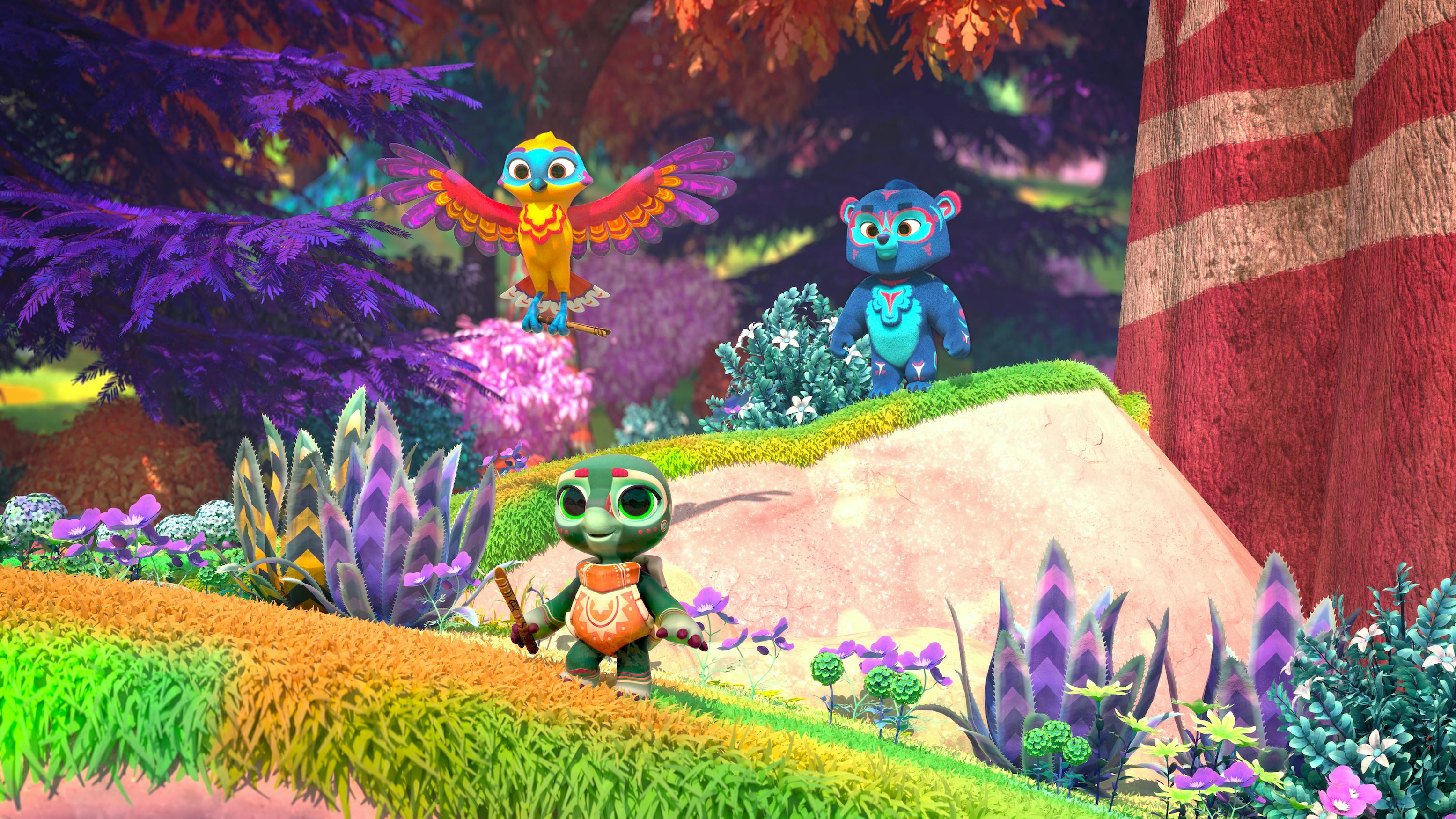 Hawk, bear and turtle from Spirit Rangers play in a vibrantly colored world.