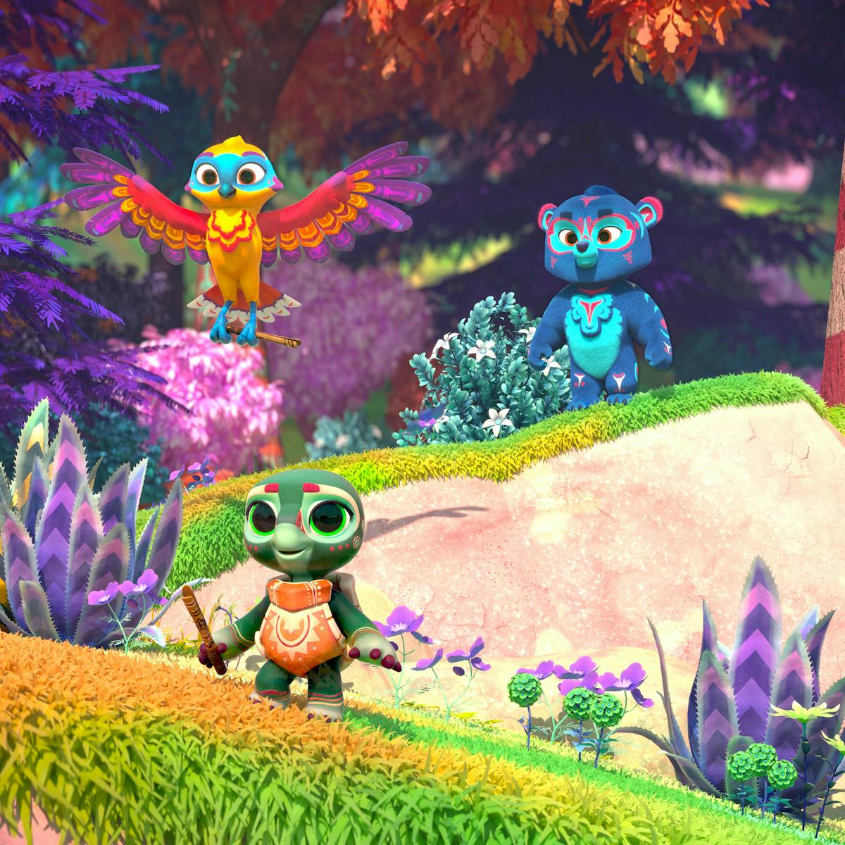 Hawk, bear and turtle from Spirit Rangers play in a vibrantly colored world.