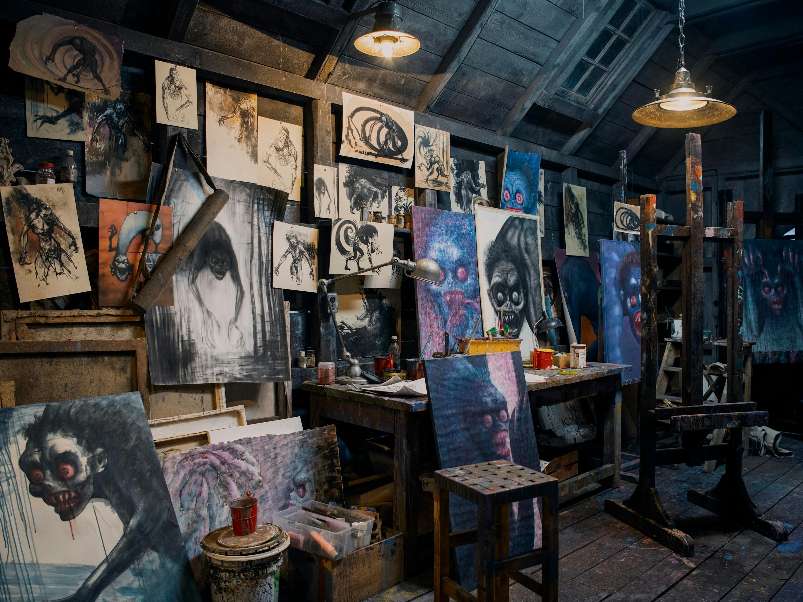 Xavier Thorpe's (Percy Hynes White) art studio. On the wall are creepy pictures of the monster.