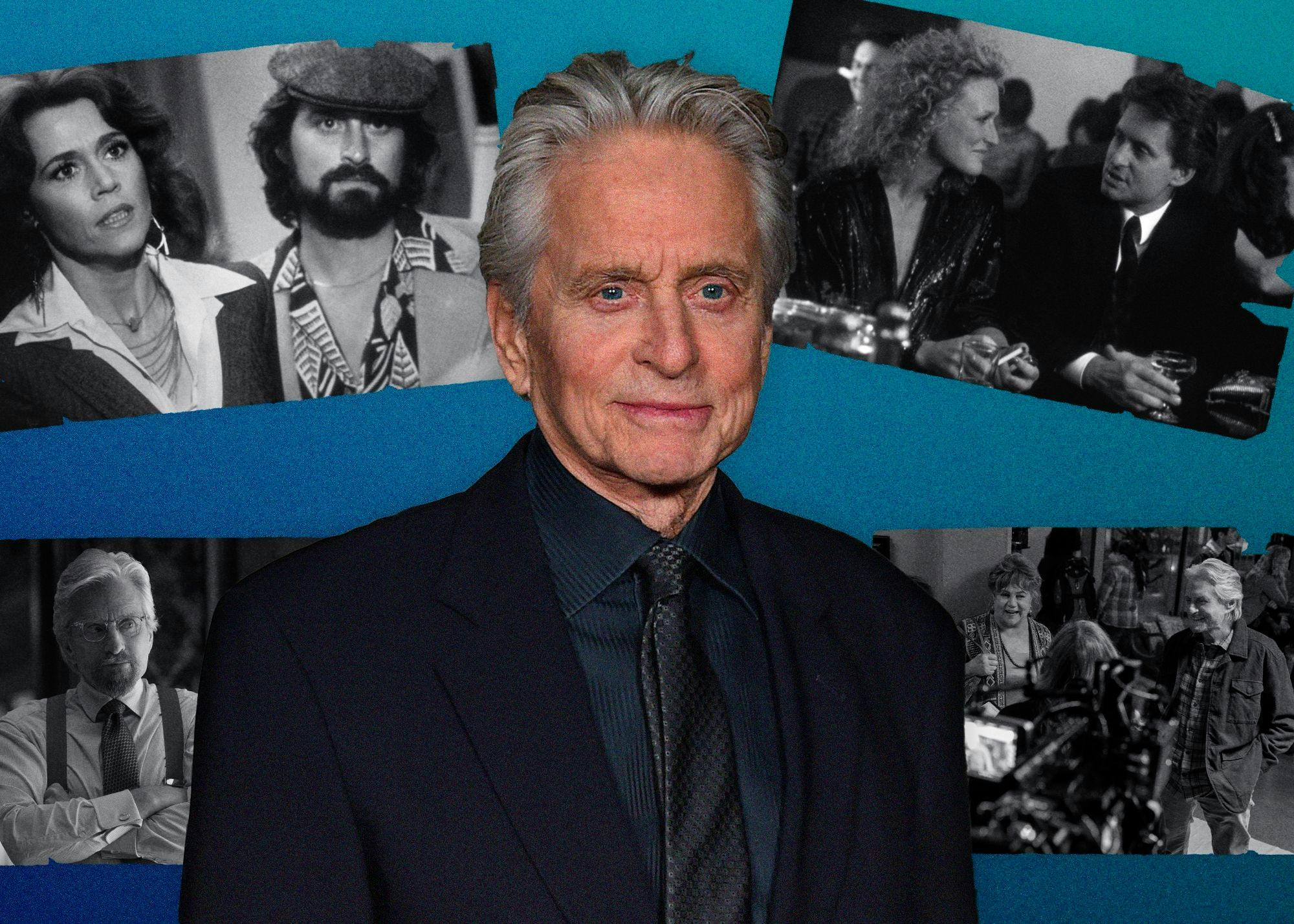 Michael Douglas wears a black blazer, tie, and shirt, and smiles slightly. The background is teal with images from his past movies. 
