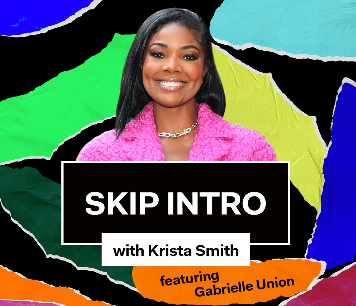 Gabrielle Union wears a hot pink top and necklace. Behind her are some swaths of color and in front of her is the Skip intro with Krista Smith logo.