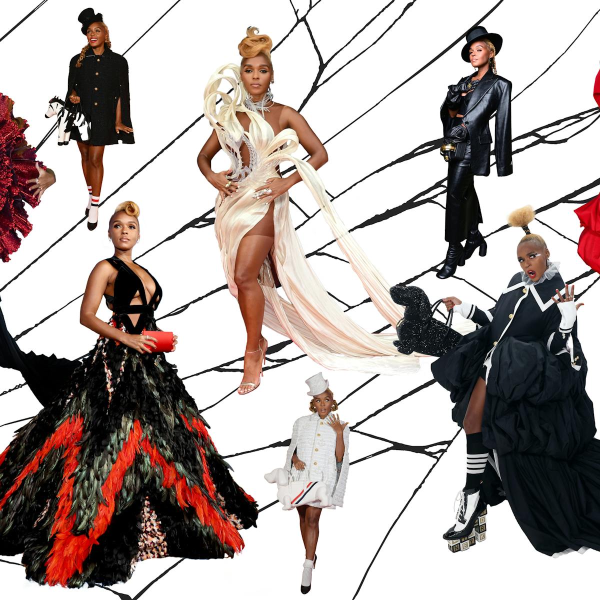 A range of Janelle Monáe's looks in black, white, and red. 