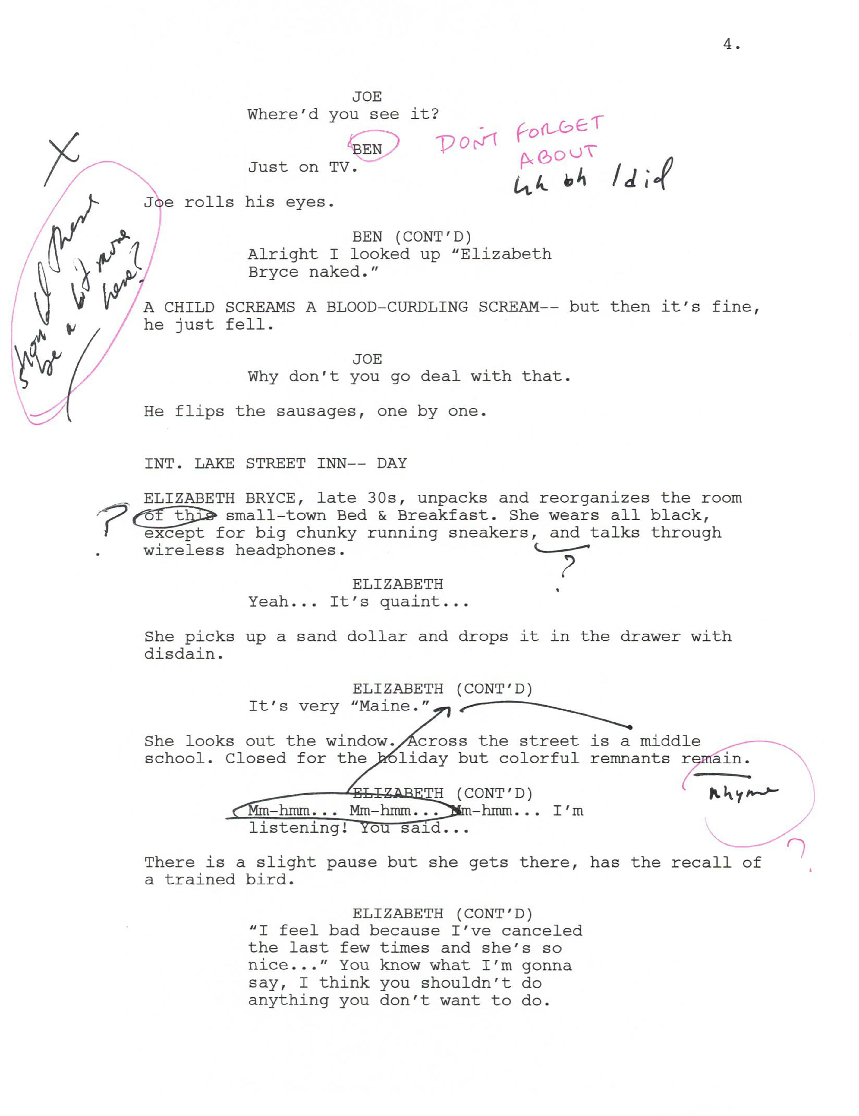 An annotated page from Samy Burch's script.