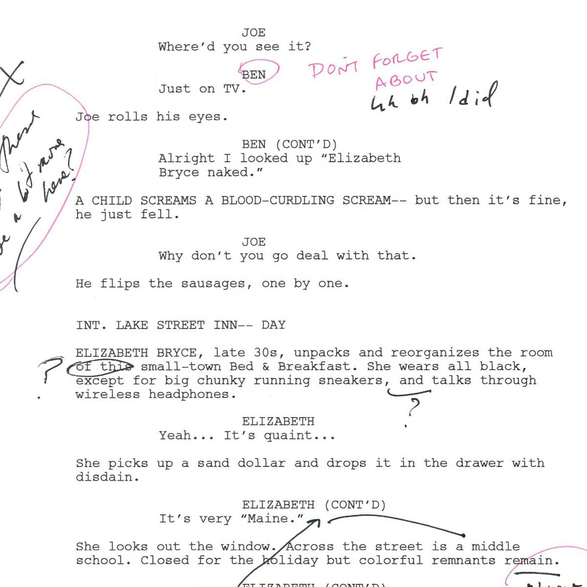 An annotated page from Samy Burch's script.