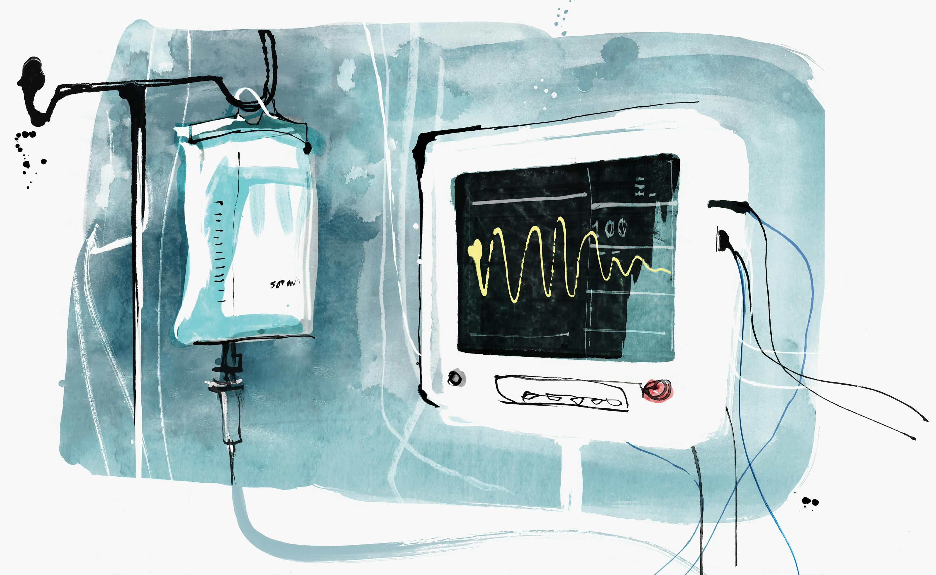 A water color of a hospital monitor and IV bag.