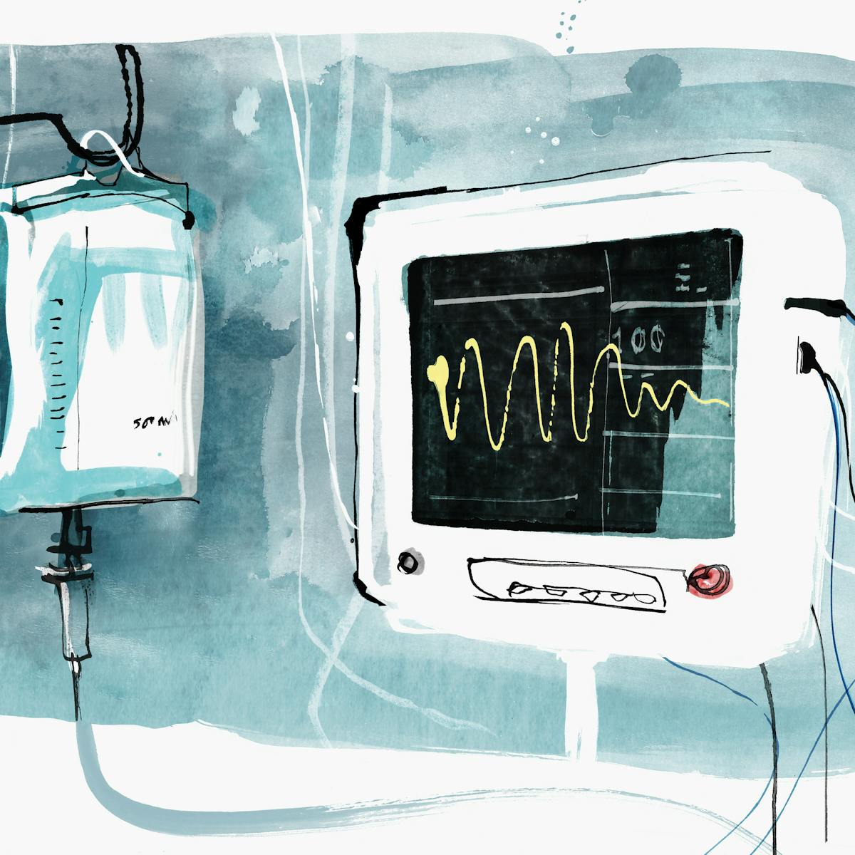 A water color of a hospital monitor and IV bag.