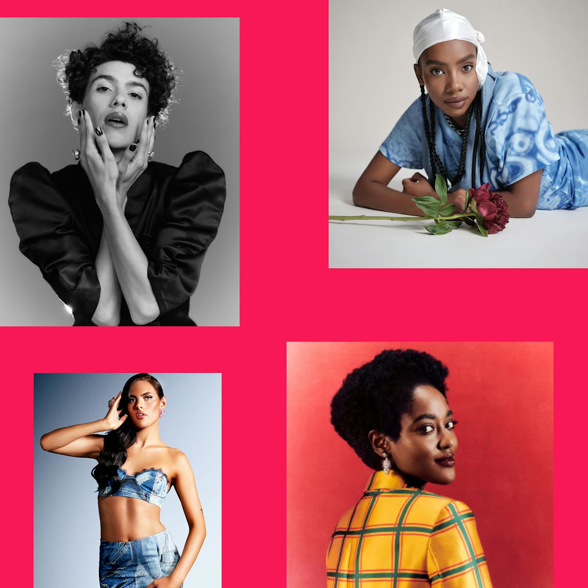 A collage of ‘the new class,’ clockwise from left: Nila, Dua Saleh, Yasmin Finney, Bella Ramsey, Arsema Thomas, and Bel Priestley.