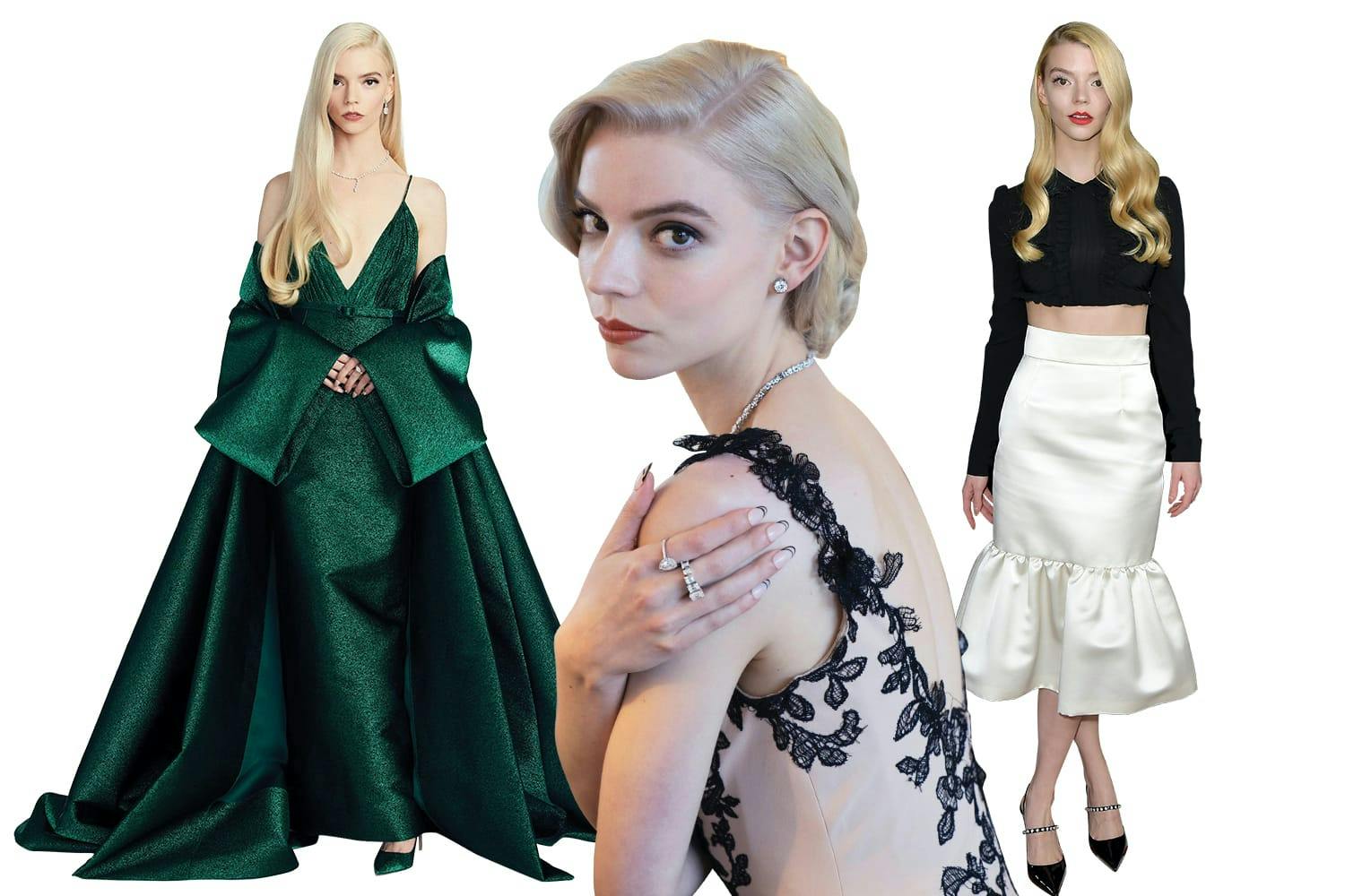 From left to right: Anya Taylor-Joy wears a sumptuous green dress that resembles a chic Christmas wrapping paper material. Her hair is long and she wears matching shoes; Anya Taylor-Joy wears a nude gown with black detailing, and silver jewelry. She sits at a table and looks back at the camera; Anya Taylor-Joy wears a white skirt, black heels, and black crop top. Behind her reads Miu Miu in red white and black patterning.