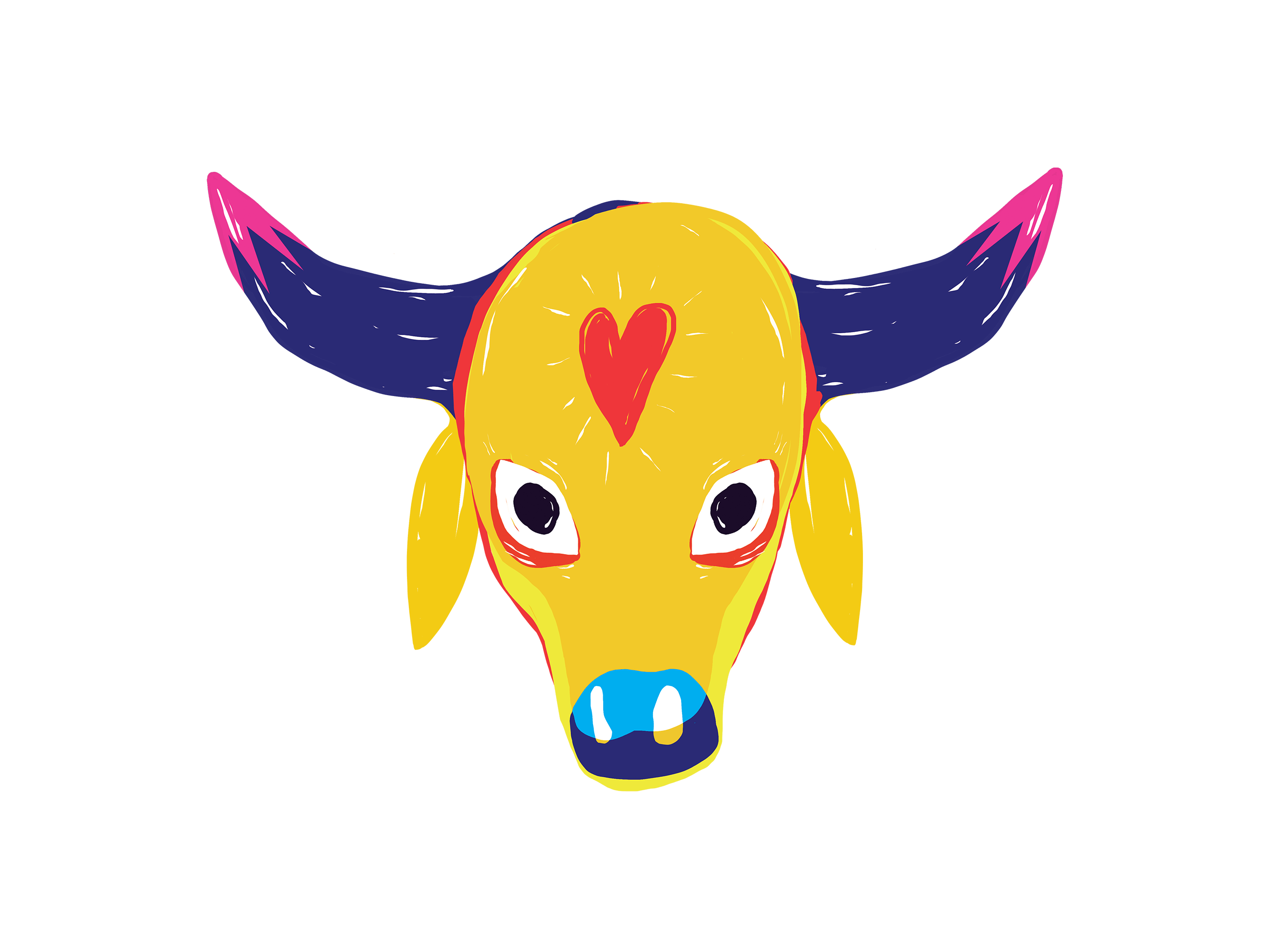 a yellow creature with a heart in the middle of his forehead and purple ears.