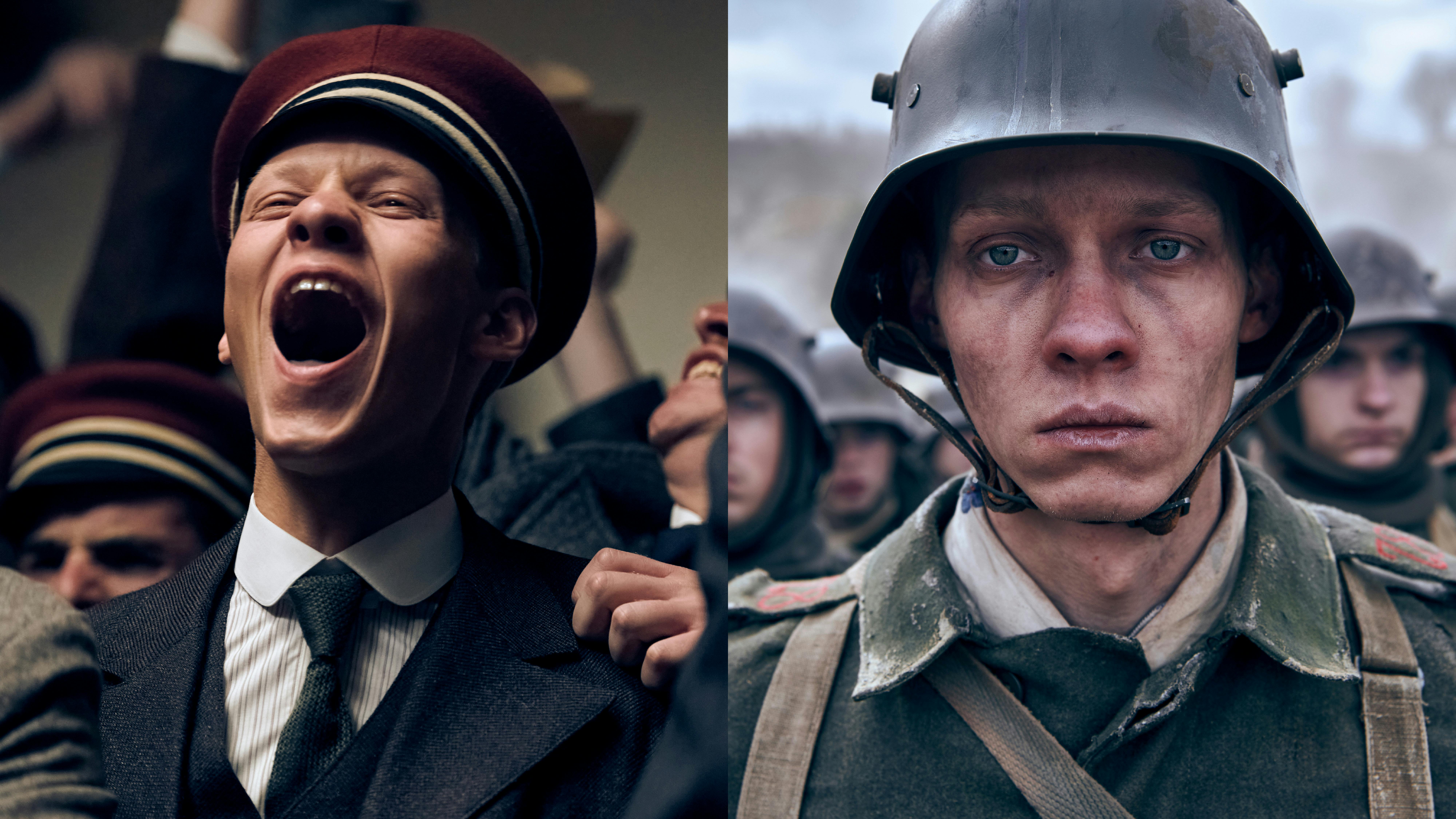 Paul Bäumer (Felix Kammerer) in a diptych shot. In one he wears a uniform and red felt hat and looks joyous. In other he looks dejected and wears a uniform.