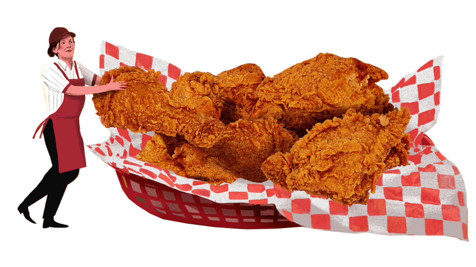A delicious basket of fried chicken. The basket is red, with white and red checkered paper. There is a small figure with a red apron and a brown cap holding a piece of the chicken.