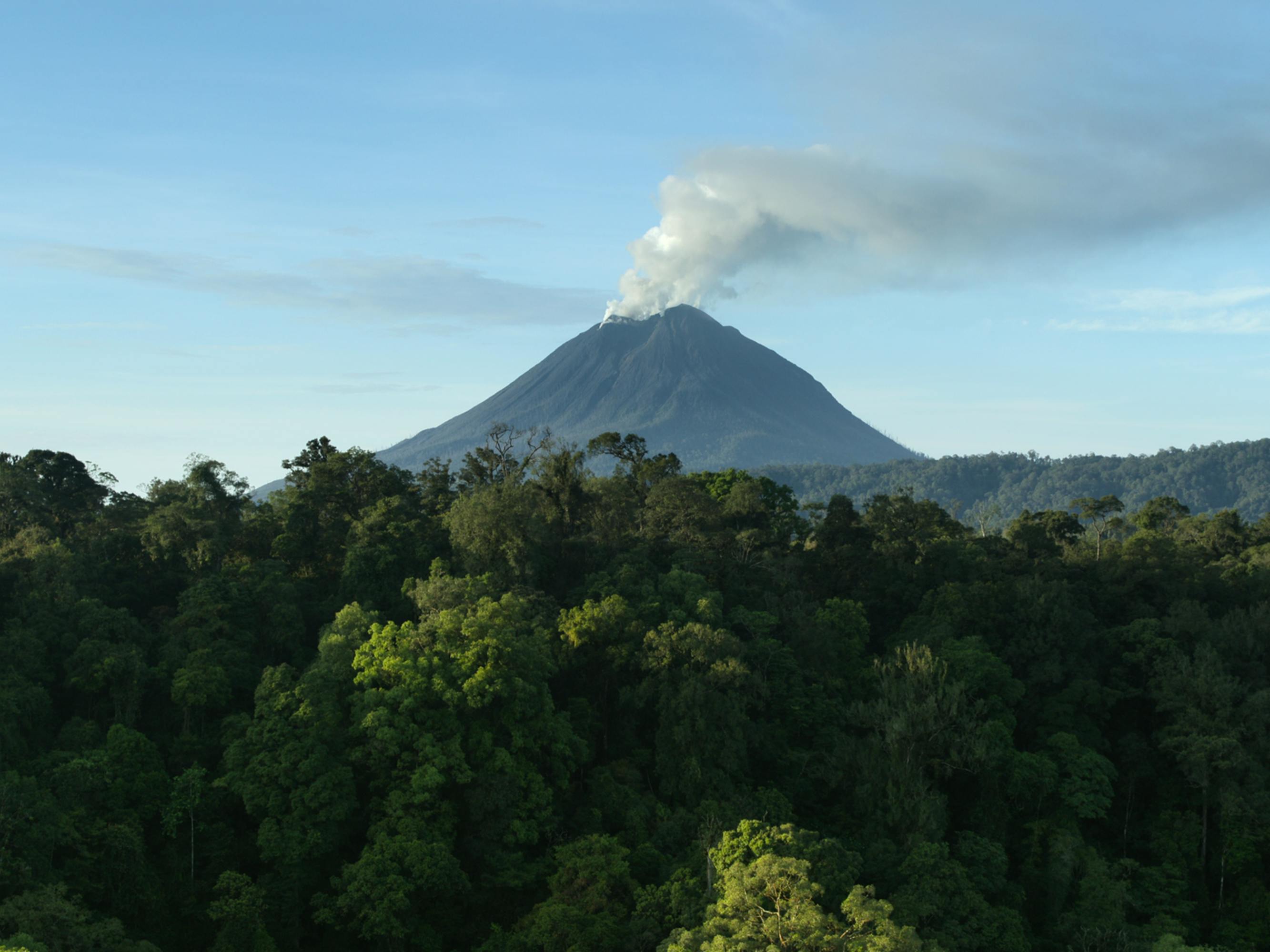 A volcano in this distance omits some light grey smoke. The scene is surrounded by lush green trees.