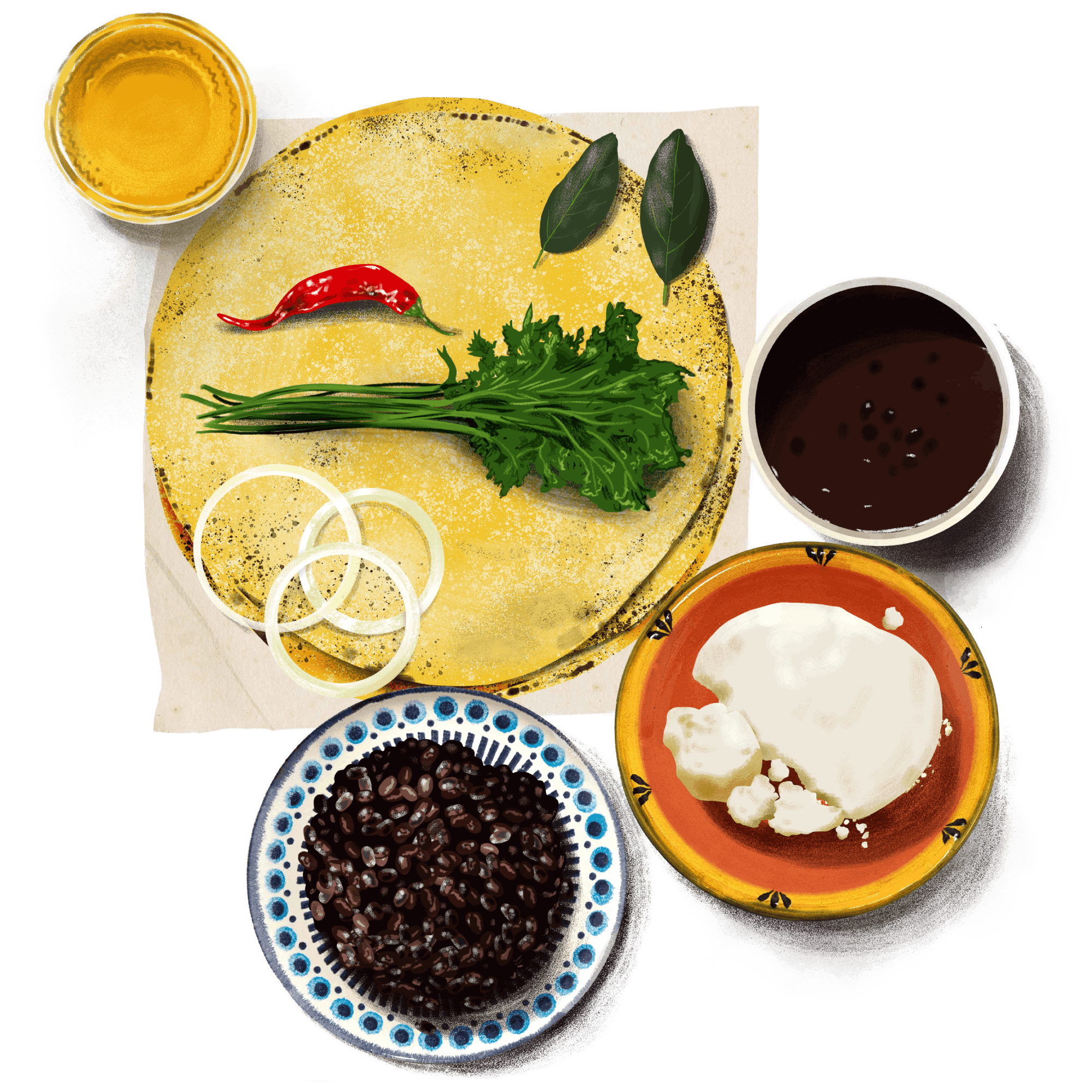 An illustration of the ingredients in Lopez’s enchiladas — corn tortillas, a chili pepper, black beans & bean broth, and queso fresco. 