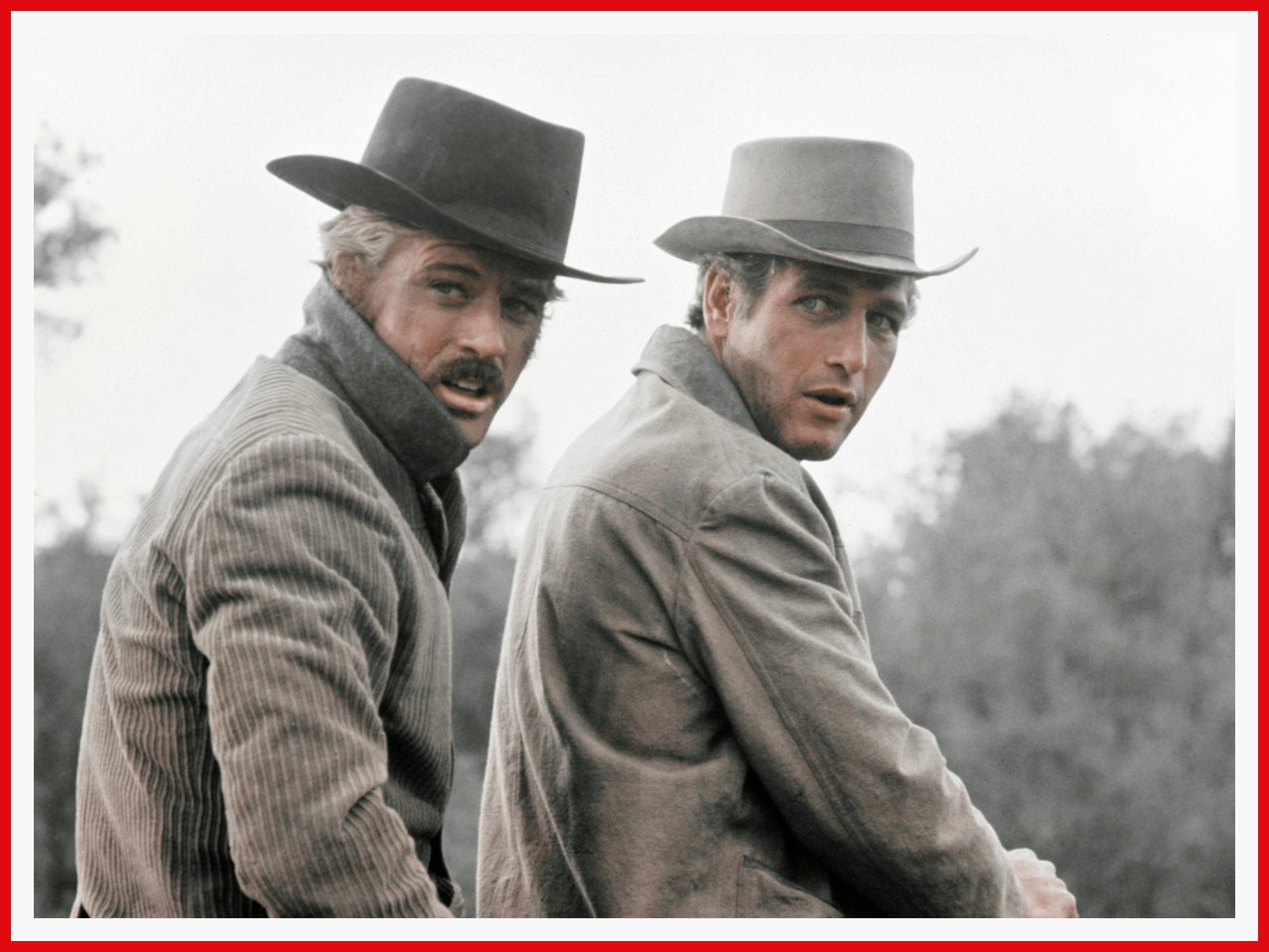 A still from the film. Robert Redford and Paul Newman ride through the Wild West.
