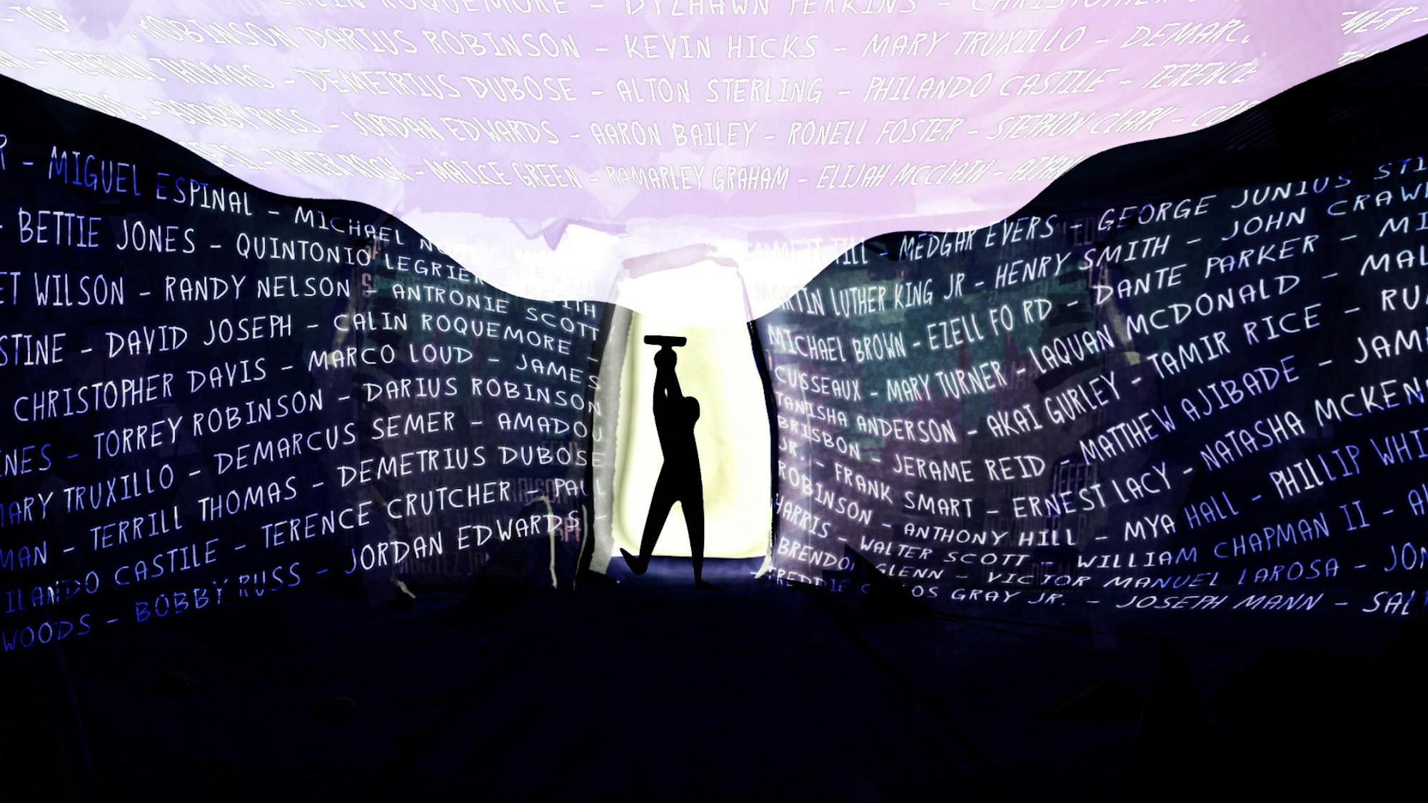 A still from *Cops and Robbers* shows animation by Isaiah Shaw. The illustration is done in purples and whites, and features the names of Black lives lost, victims of systemic racism.