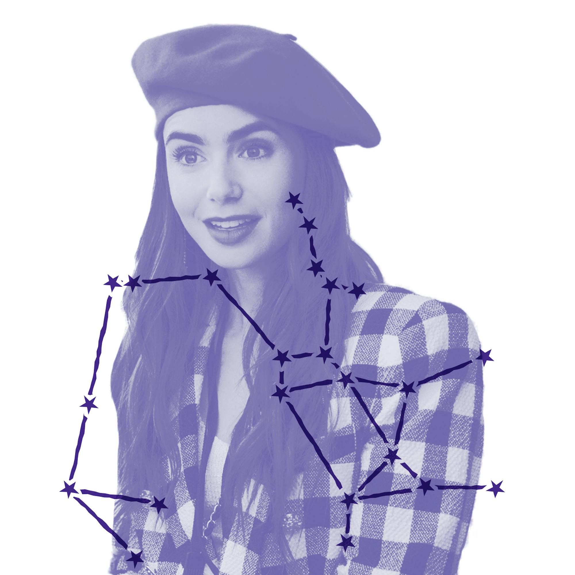 Emily Cooper (played by Lily Collins) is ready to conquer the world in her checkered coat and beret in this still from Emily in Paris. Over the image is an illustration of Emily’s zodiac constellation.