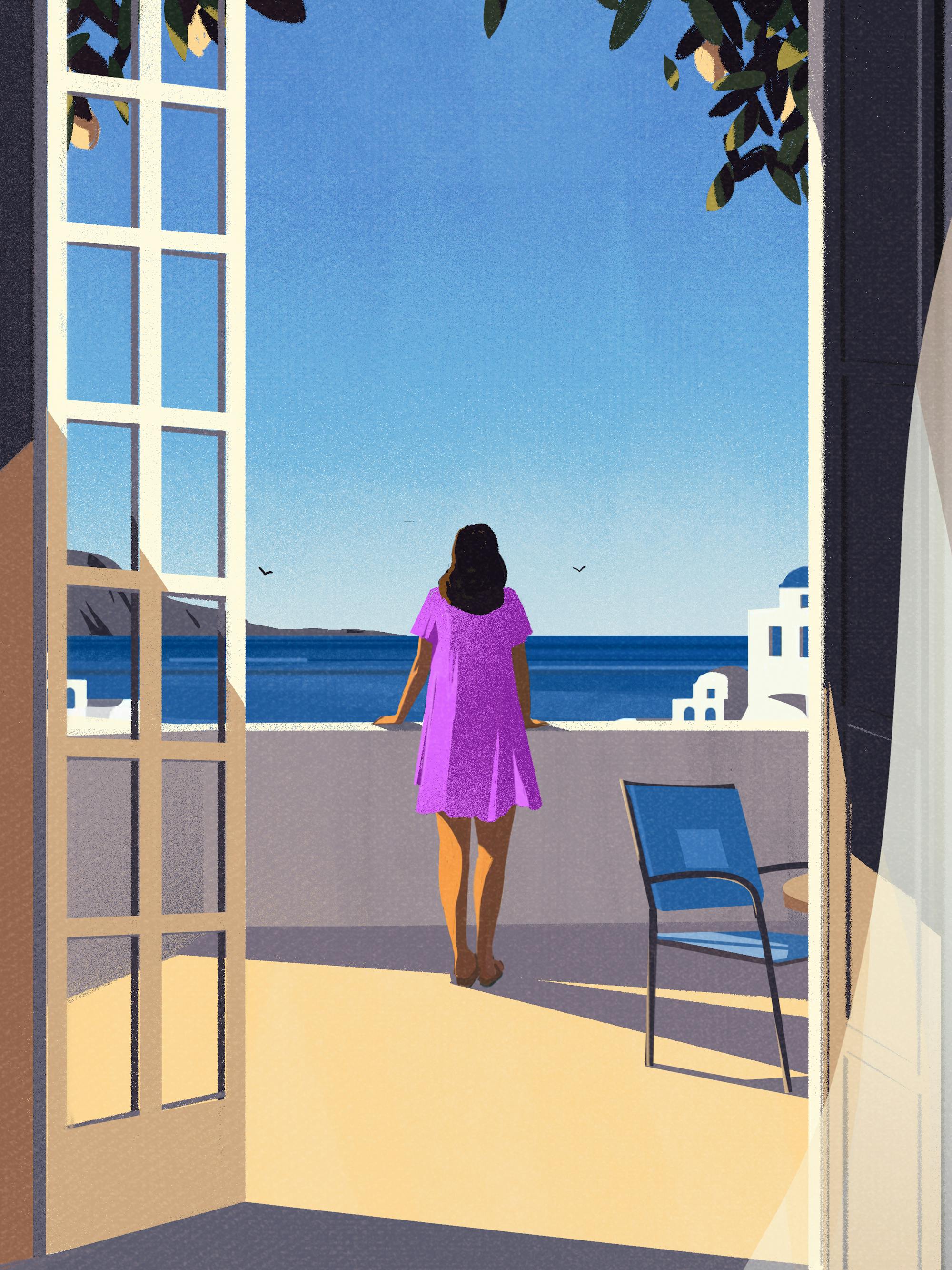 An illustration of Emma Morley wearing a purple dress and leaning over a porch railing.