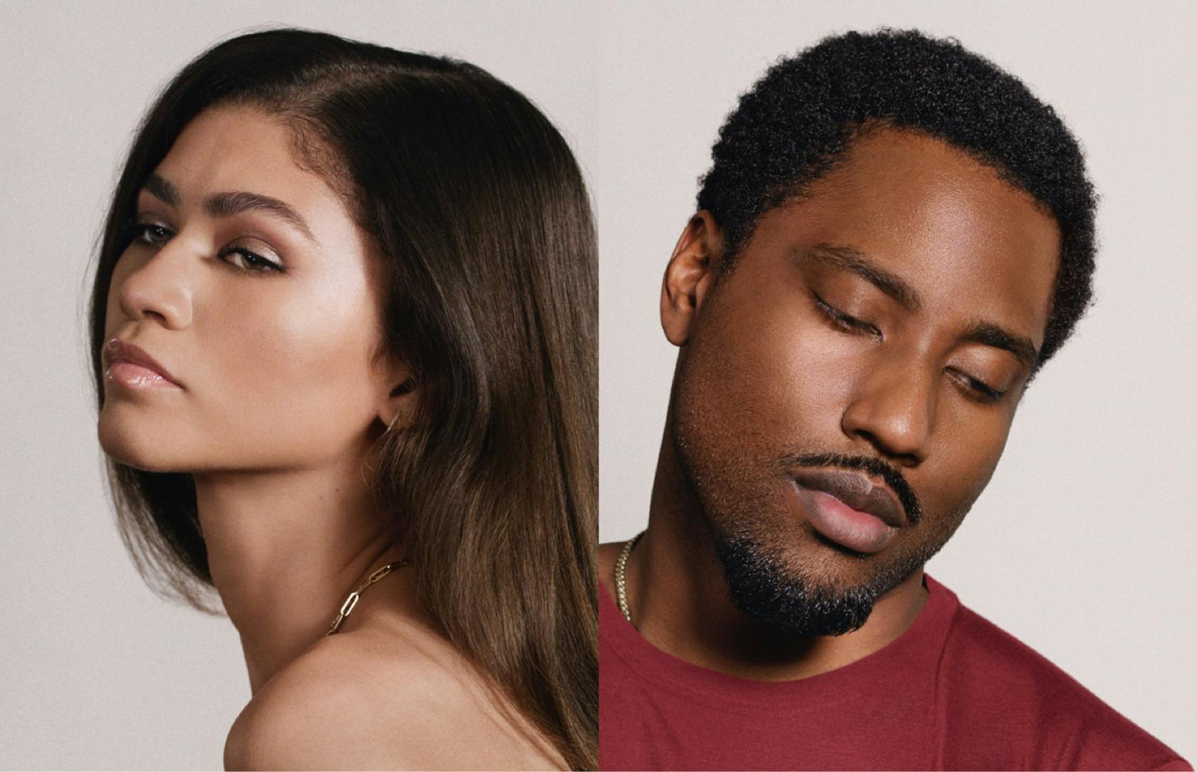 Portraits of Zendaya and John David Washington. Zendaya appears in profile with her hair down. Washington, wearing a red sweater, casts his eyes downwards.