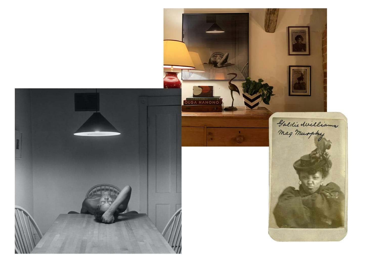 Three images of two pieces of artwork, and the artwork where they belong in the house. The first portrait is of a naked person lying against a dining room table lit by an overhead lamp. The second is Nebraska sex worker Goldie Williams who crosses her arms defiantly in a mug shot. In the house these two works of art hang above a brown chest of drawers, atop which is a lamp, books, a plant, and a figure of a crane.