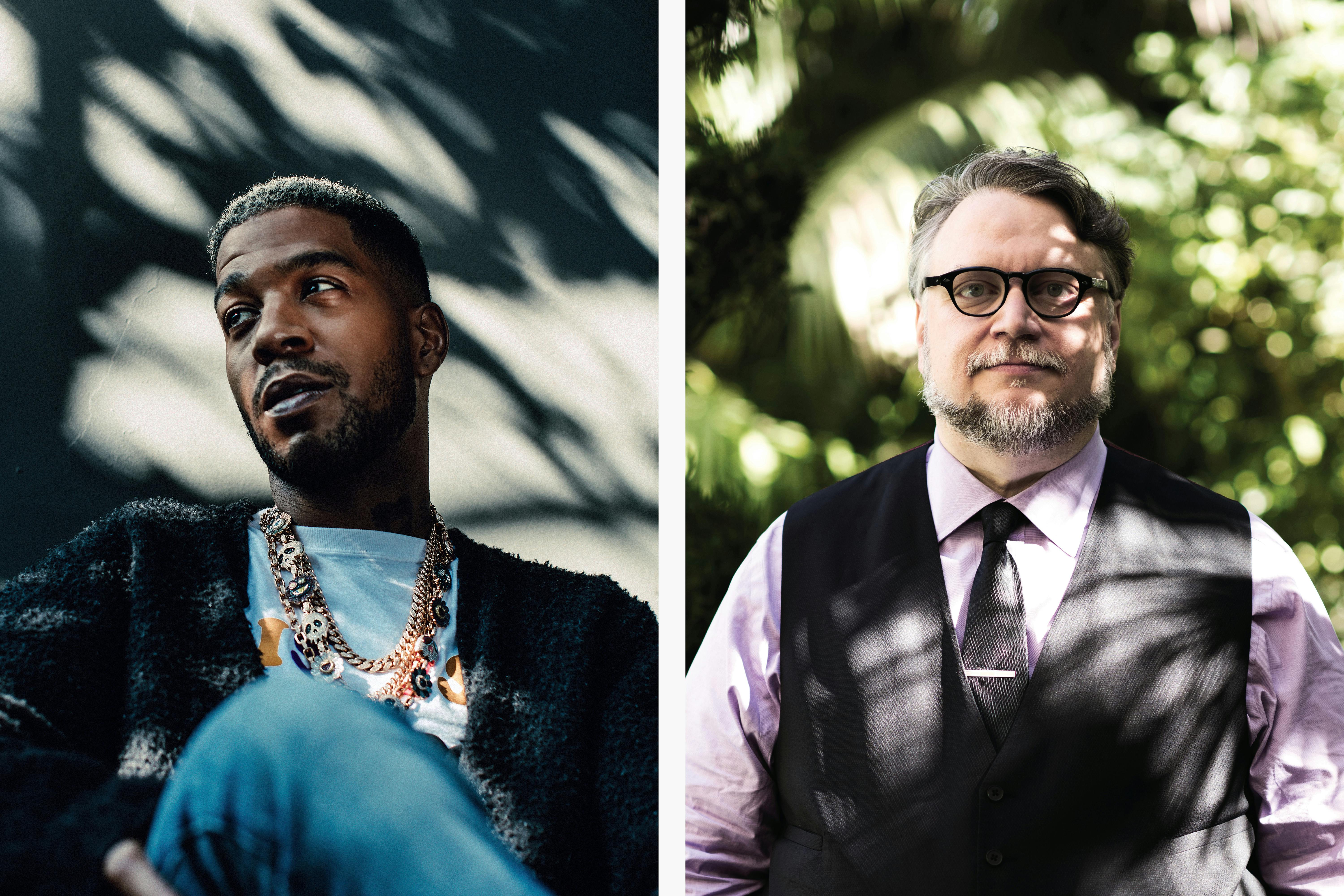 A diptych of Scott Mescudi and Guillermo del Toro. Mescudi wears jeans and a fuzzy cardigan. Del Toro wears a purple shirt and a black vest.