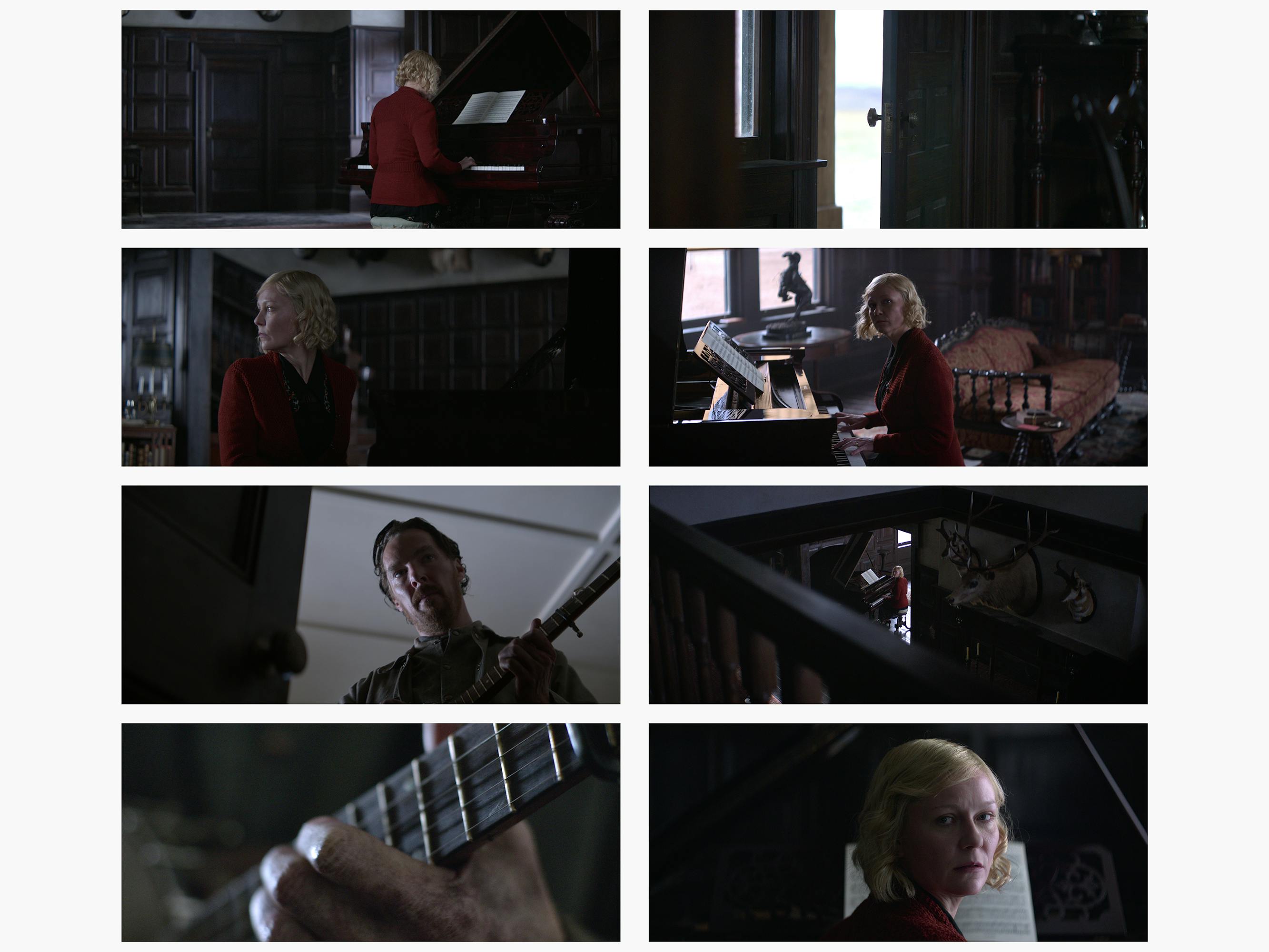 Eight stills from The Power of the Dog are in a grid to visualize the editing sequence of a scene between Rose Gordon (Kirsten Dunst) and Phil Burbank (Benedict Cumberbatch) as Rose is practicing a song on the piano rather poorly and Phil picks up his banjo to play the same song only much better in a childish display of competition. 
