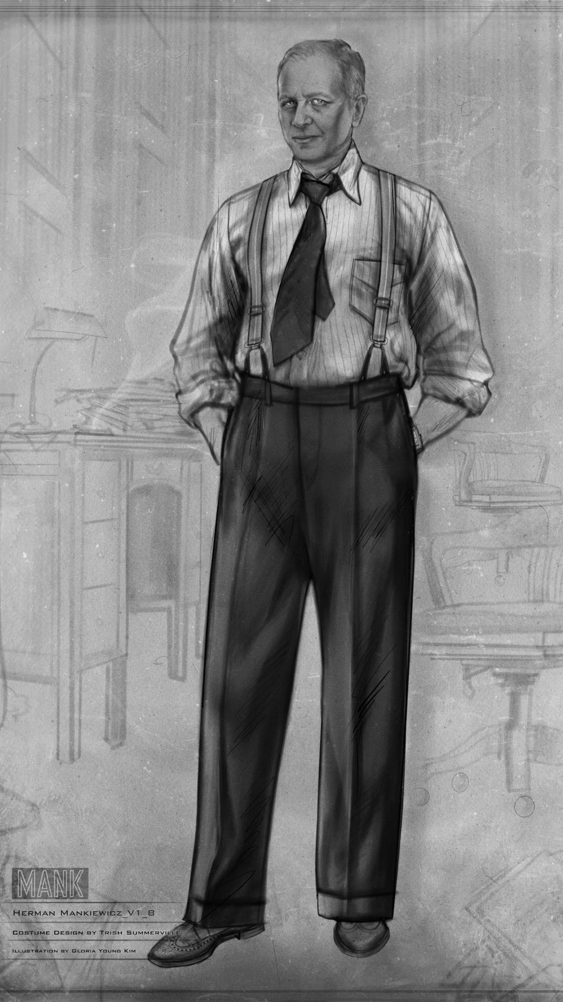 Black-and-white costume sketch of Herman Mankiewicz in an office. He wears suspenders and a vertically striped shirt. 