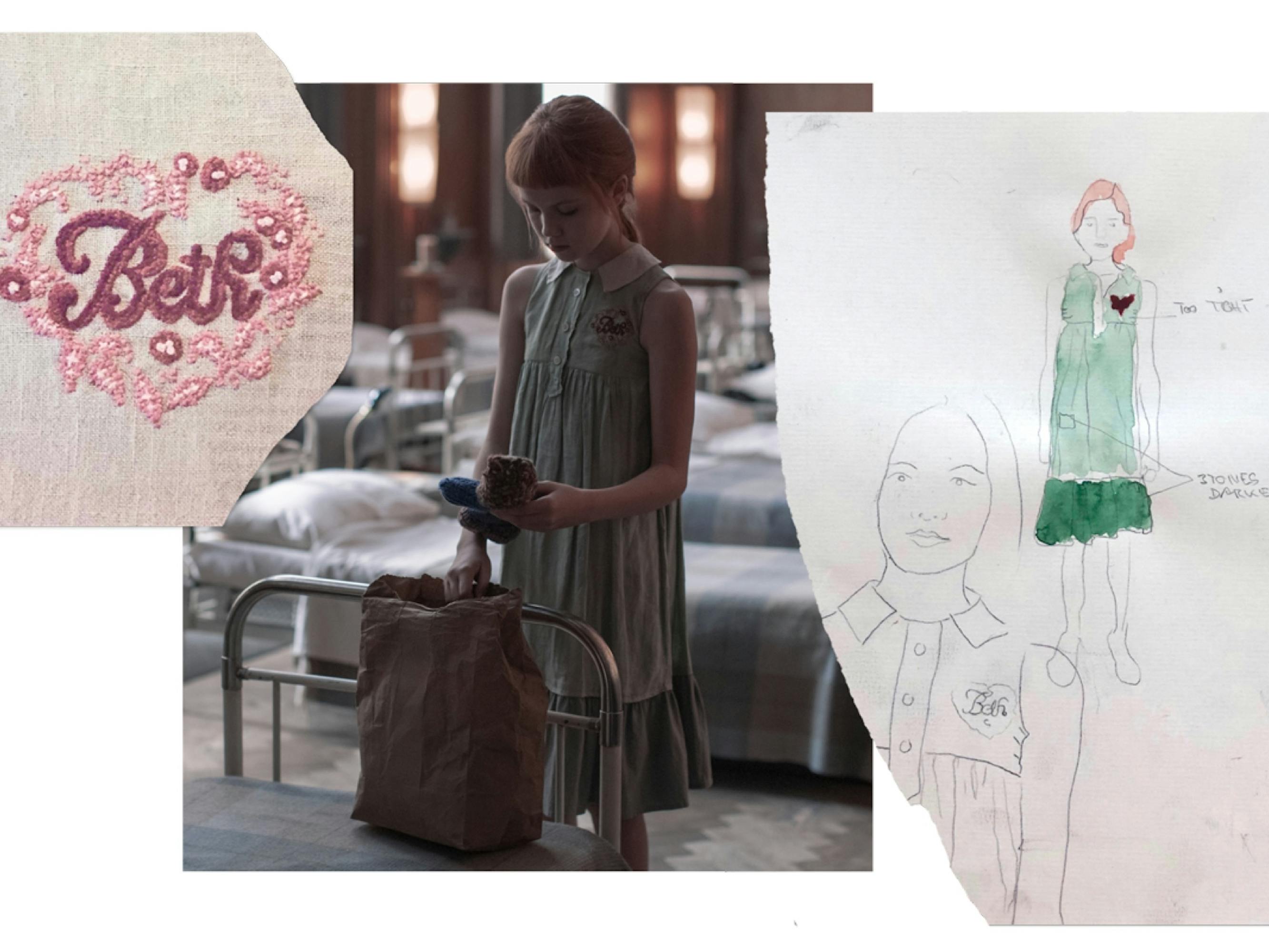 Young Beth Harmon arrives at the orphanage in a green linen dress, which she’ll soon be forced to swap for pinafores, pinafores, pinafores. A still from the series is matched with its corresponding costume sketch, accented with watercolor.