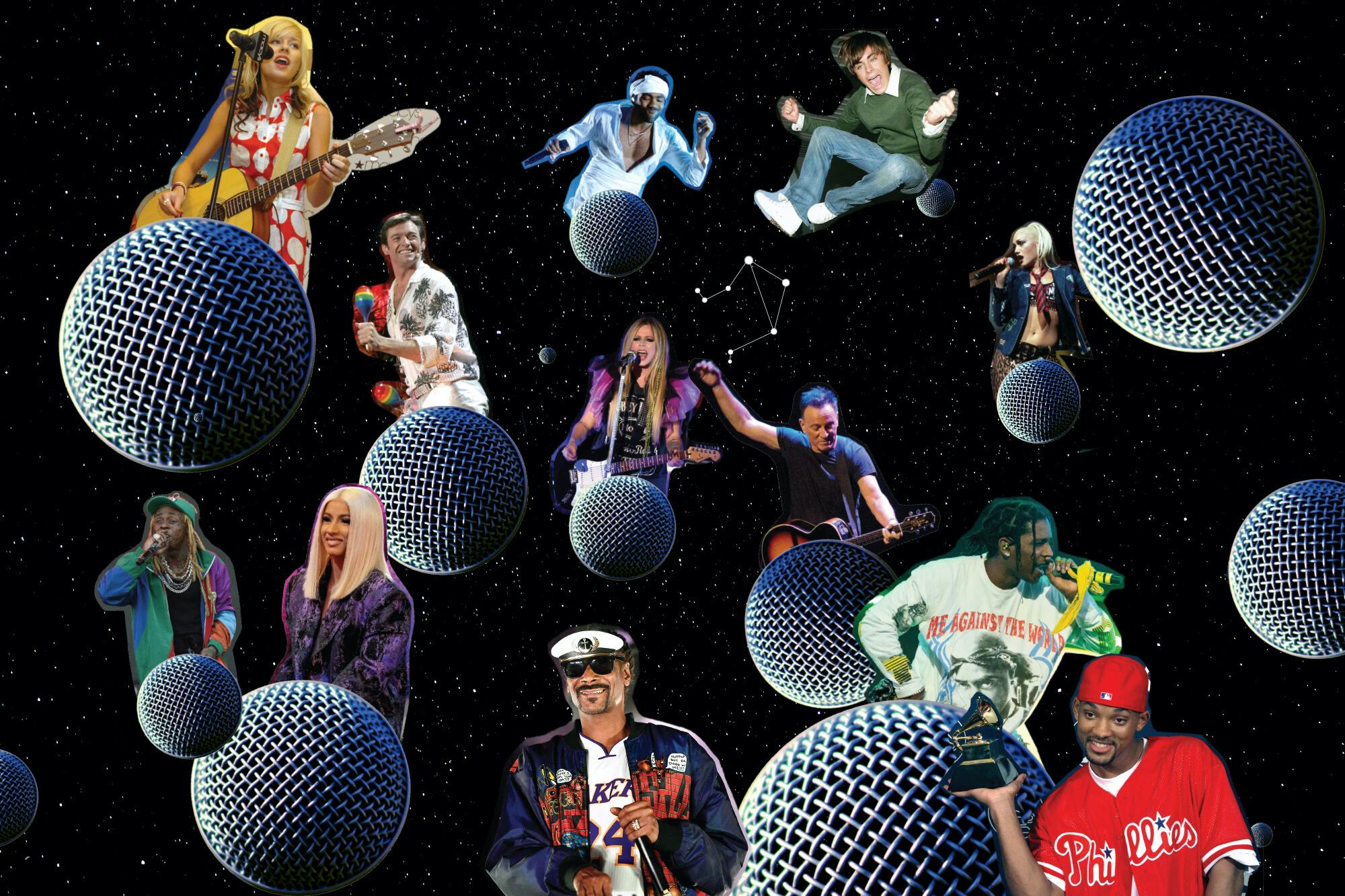 Netflix’s lyrical libras float through outerspace on microphone planets. From top left to bottom right: Brie Larson plays guitar in a red dress, Donald Glover jams in all white, Zac Efron brings all the musical theater energy in a Wildcats pose, Gwen Stefani looks fierce in a leather jacket and tie, Hugh Jackman weirdly plays the maracas, Avril Lavigne plays electric guitar in an angsty fit, Bruce Springsteen winds up for a guitar strum, A$AP Rocky wears a Tupac “Me against the world” shirt, Lil Wayne wears a matching hat and jacket, Cardi B glows in a purple blazer, Snoop Dogg wears a Lakers jersey and shades, and Will Smith holds a Grammy in a Phillies jersey and matching hat.