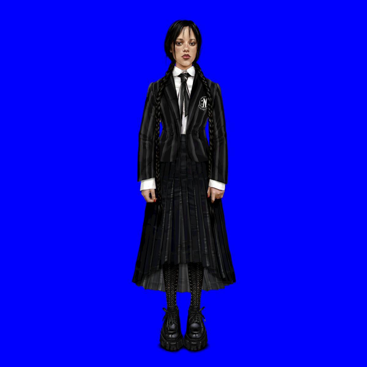 A mock-up of Jenna Ortega's character, Wednesday Addams, wearing a striped uniform and chunky shoes.