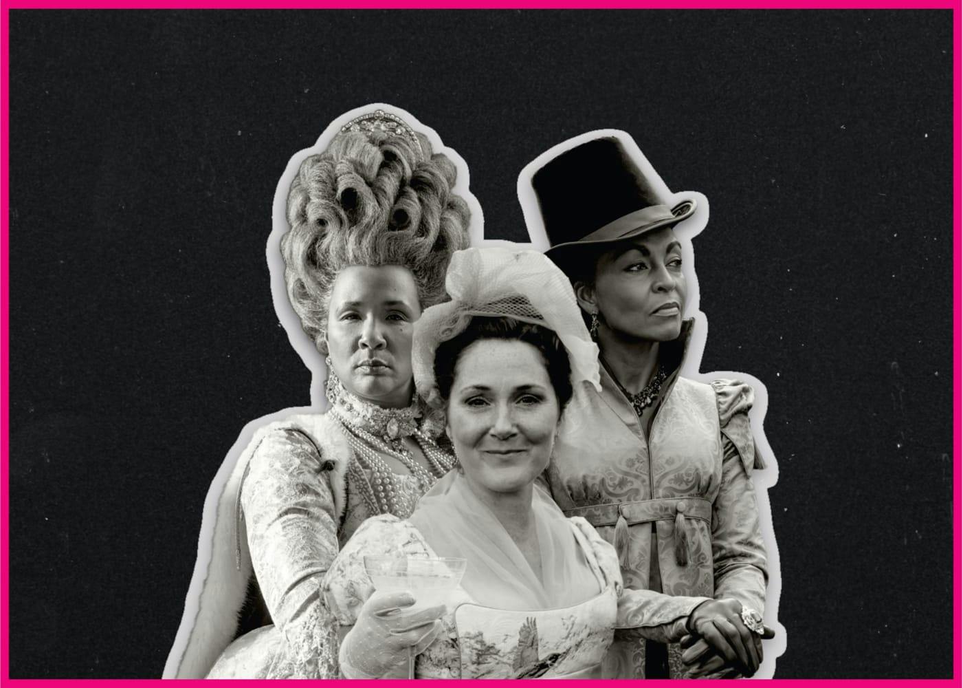 The three matriarchs of Bridgerton in a black-and-white shot. From left to right: Queen Charlotte with her wig piled high, Lady Violet Bridgerton wears a gauzy hat and scarf, and Lady Danbury wears a top hat.