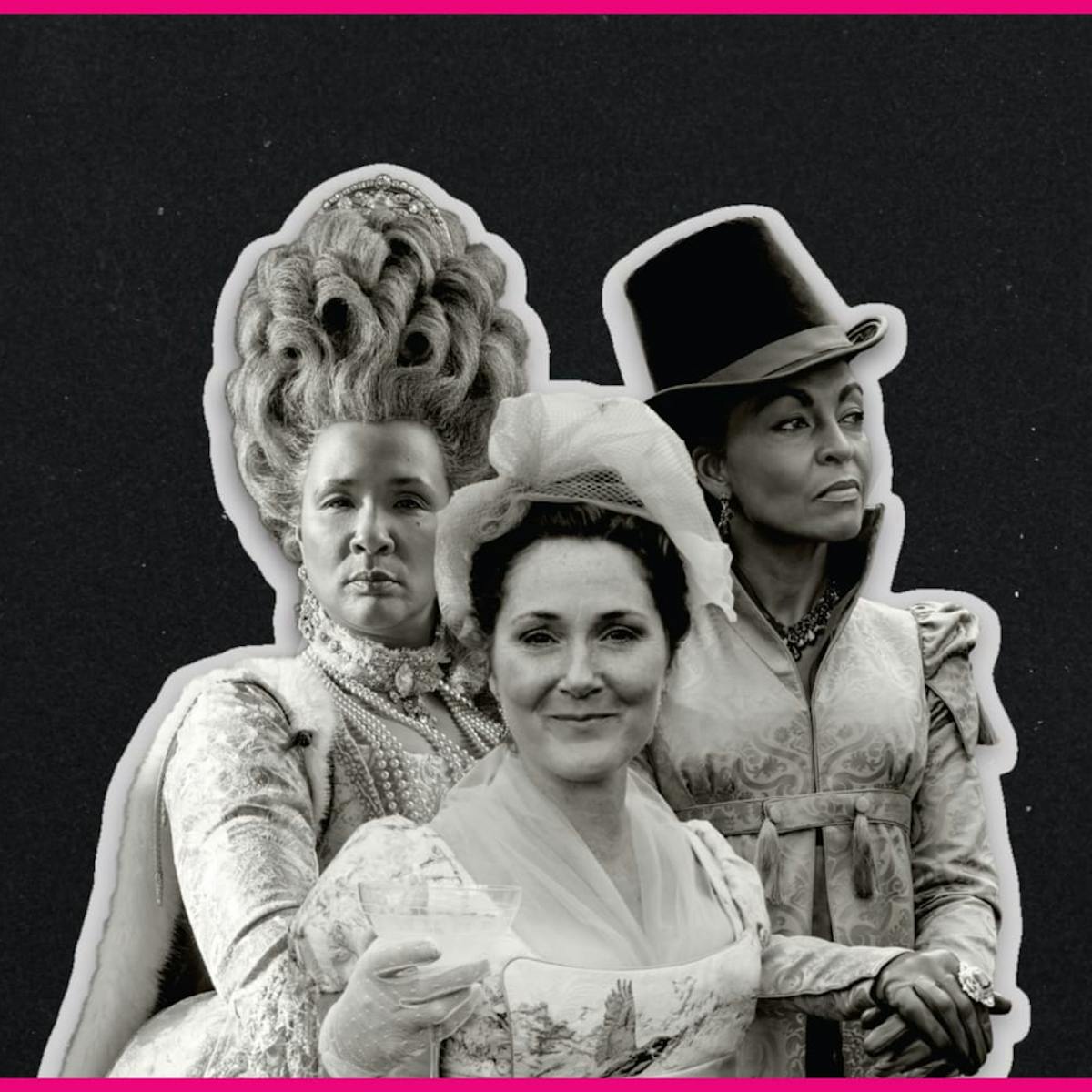 The three matriarchs of Bridgerton in a black-and-white shot. From left to right: Queen Charlotte with her wig piled high, Lady Violet Bridgerton wears a gauzy hat and scarf, and Lady Danbury wears a top hat.
