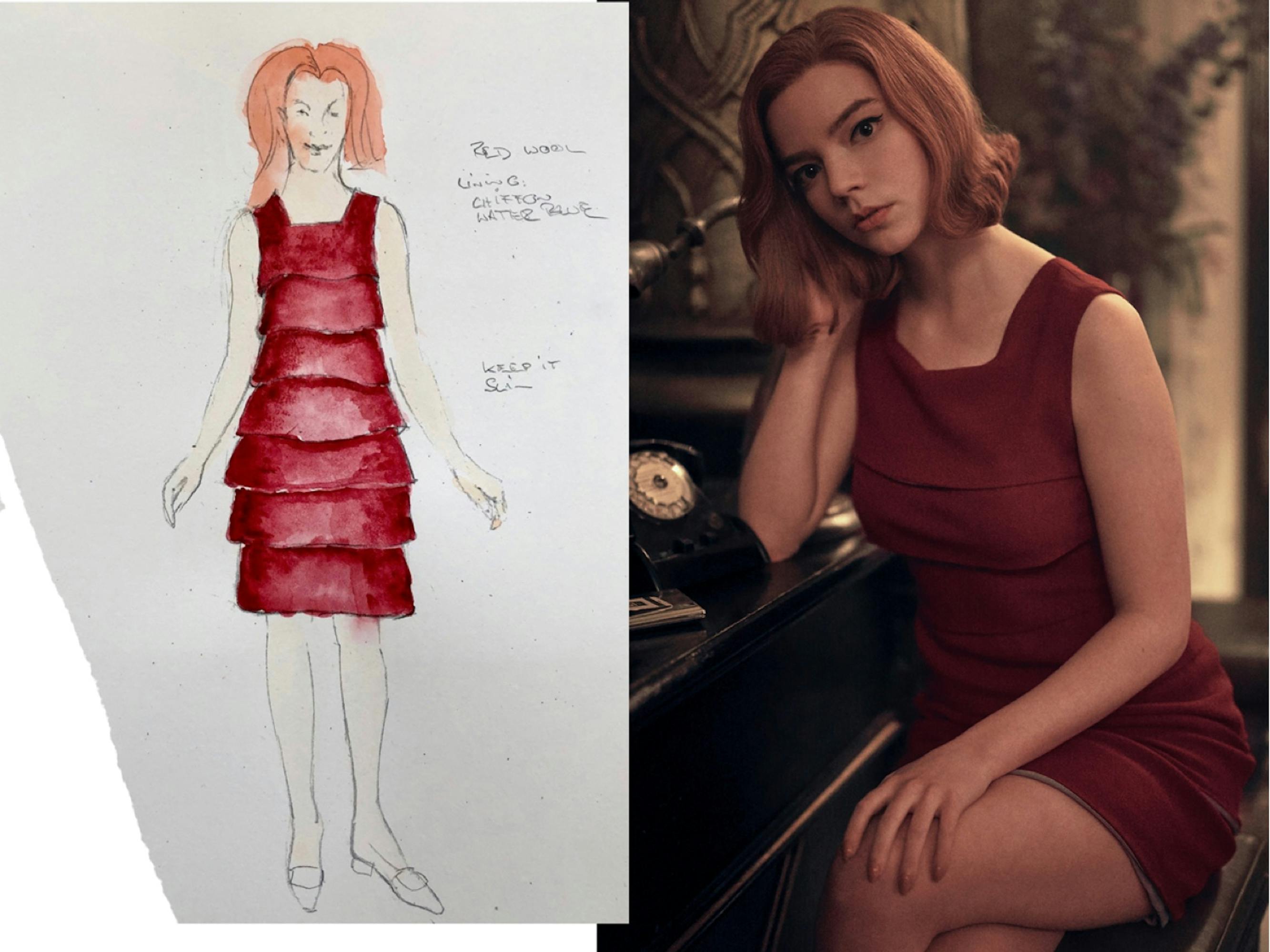 Beth cuts a stylish figure in a crimson crepe dress. A still from the series is matched with its corresponding costume sketch, the red of the dress and of Beth’s hair jumping off the page.