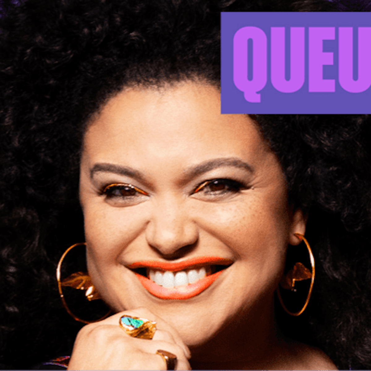 Michelle Buteau wears a striped dress, rests her chin on her hand, and looks directly at the camera. The background is purple and there is a dark purple box with Queue & A in light purple.