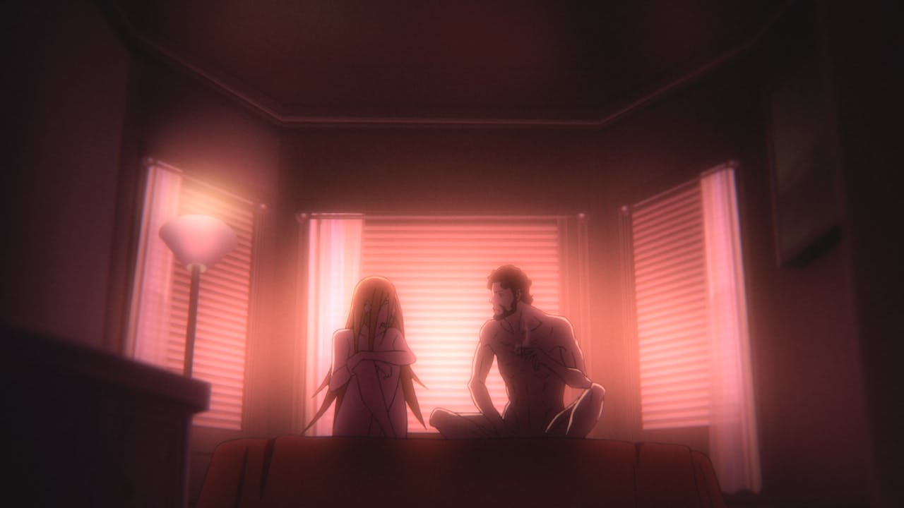 Two shadowy figures sit on a window sill basked in pink light.