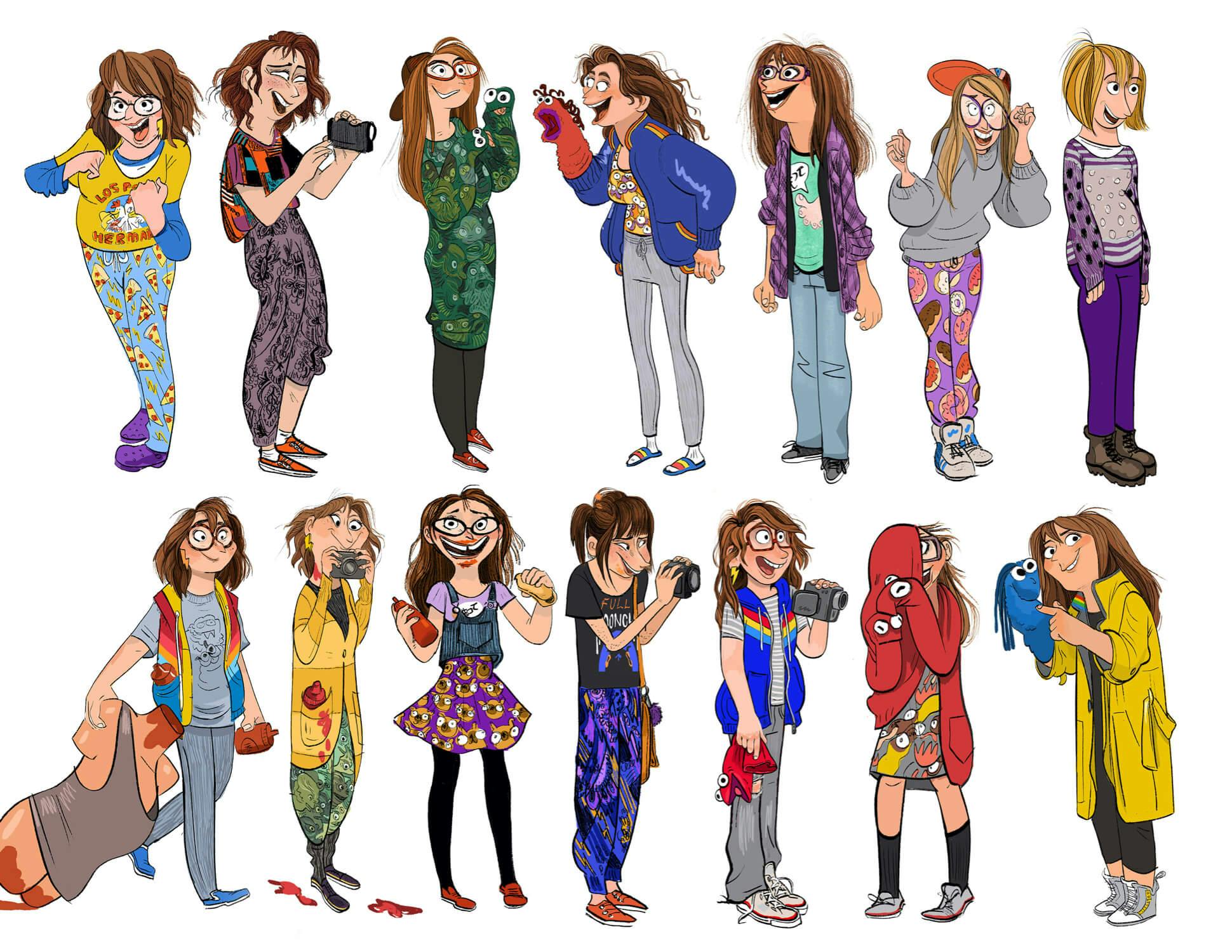 14 images of Katie in a range of outfits. From top left to bottom right: First she wears pizza pajamas, then slouchy purple pants, then a green sweater with sock puppets, then grey jeans, a red sock puppet, and a blue sweater, then jeans and a purple cardigan, then donut pants and a grey sweatshirts, then purple pants and a purple sweater, then grey pants and a rainbow vest carrying a decapitated and de-legged mannequin bust wearing a grey tank with bloodied stumps, then a yellow jacket holding a camera, then a purple skirt with images of Monchi, then colored pants holding a camera, then a blue vest colding a camcorder, then a red jacket with sock puppets, and then a yellow rainjacket with a blue sock puppet.
