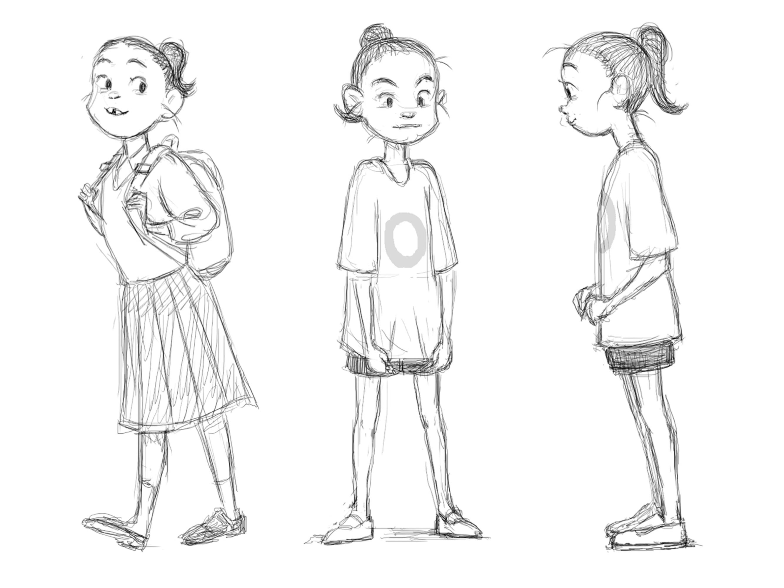 A sketch for If Anything Happens I Love You shows the daughter at the center of the film in three stances. In two, she is wearing a t-shirt and shorts. In the third, she is wearing her school uniform and backpack.
