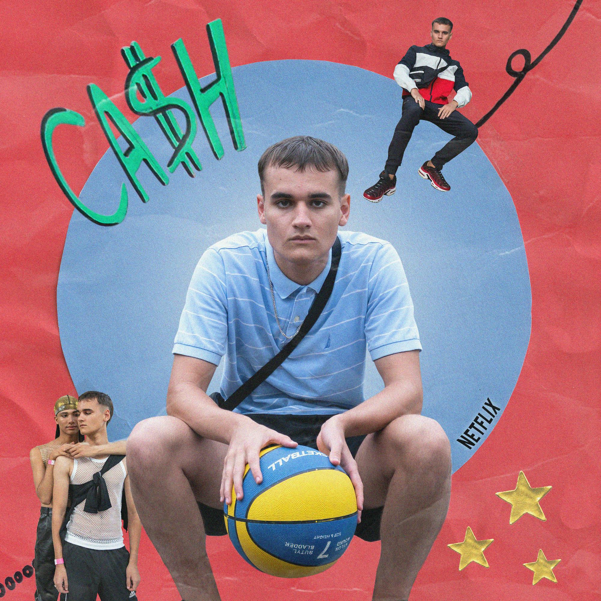 Will McDonald pays Cash. he wears a blue collar-ed shirt and plays with a blue and yellow ball.