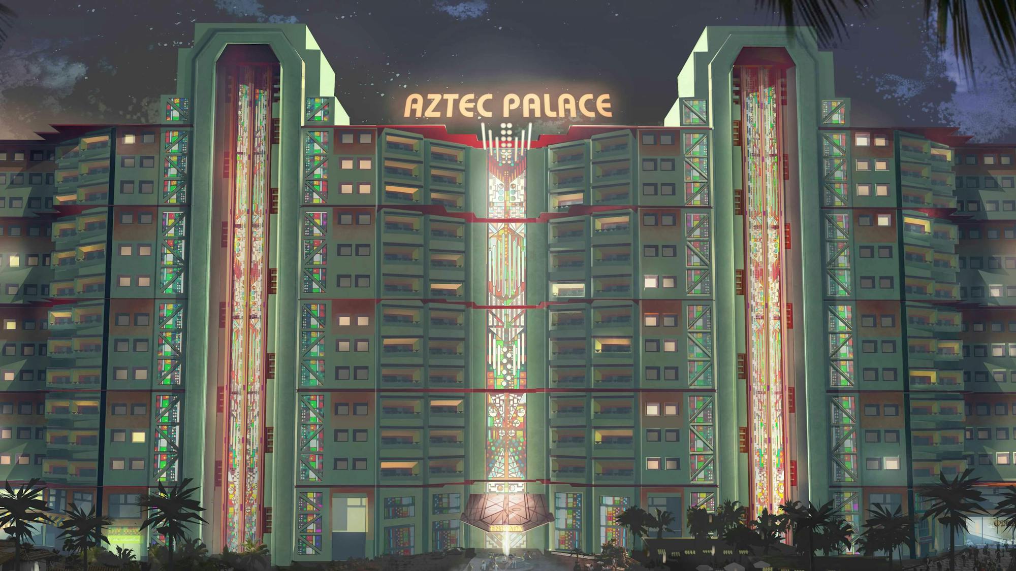 A rendering of the Aztec Palace hotel shines green, red, and yellow against a dramatic dark sky.
